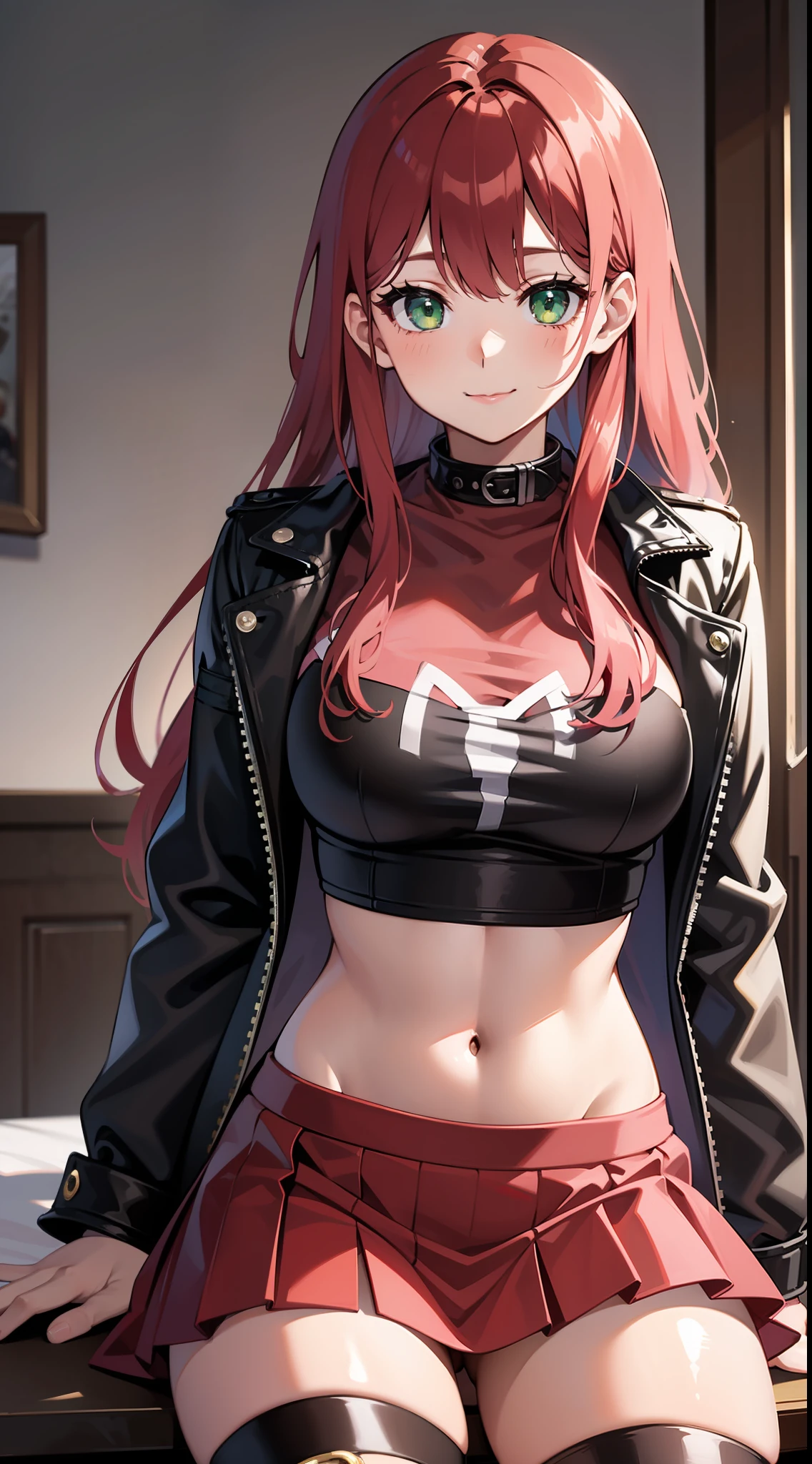 young girl, Long red hair, Green eyes, Black leather jacket, Pink T-shirt, open belly, Upholstering skirt, ssmile, Masterpiece, hiquality