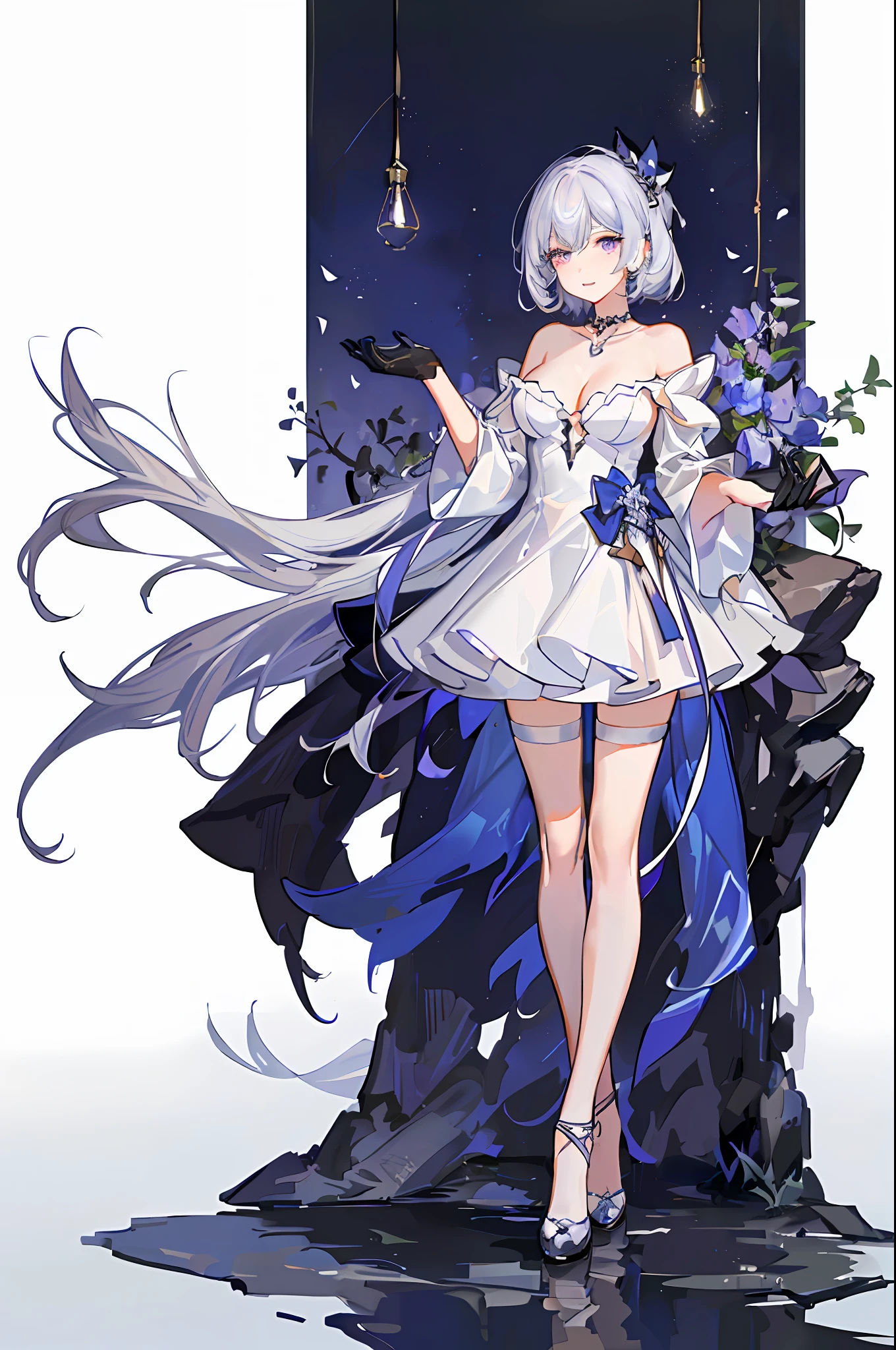 tmasterpiece, best qualtiy,4K,Wallpaper 8k, Hyper-detailing, illustratio, sportrait, 1girll, blacksilk,a purple eye,black lence stockings,Silvery-white hair,st louis \(Luxury wheels\)\(Sky Blue Lane\), hair adornments, 耳Nipple Ring, choker necklace, sportrait, ((((silvercleavage dress))), (Revealing the))), looki at viewer, 独奏,Walk gracefully