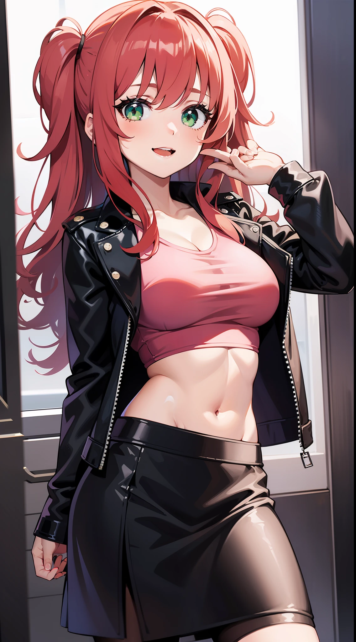 young girl, Long red hair, Green eyes, Black leather jacket, Pink T-shirt, open belly, Upholstering skirt, ssmile, Masterpiece, hiquality