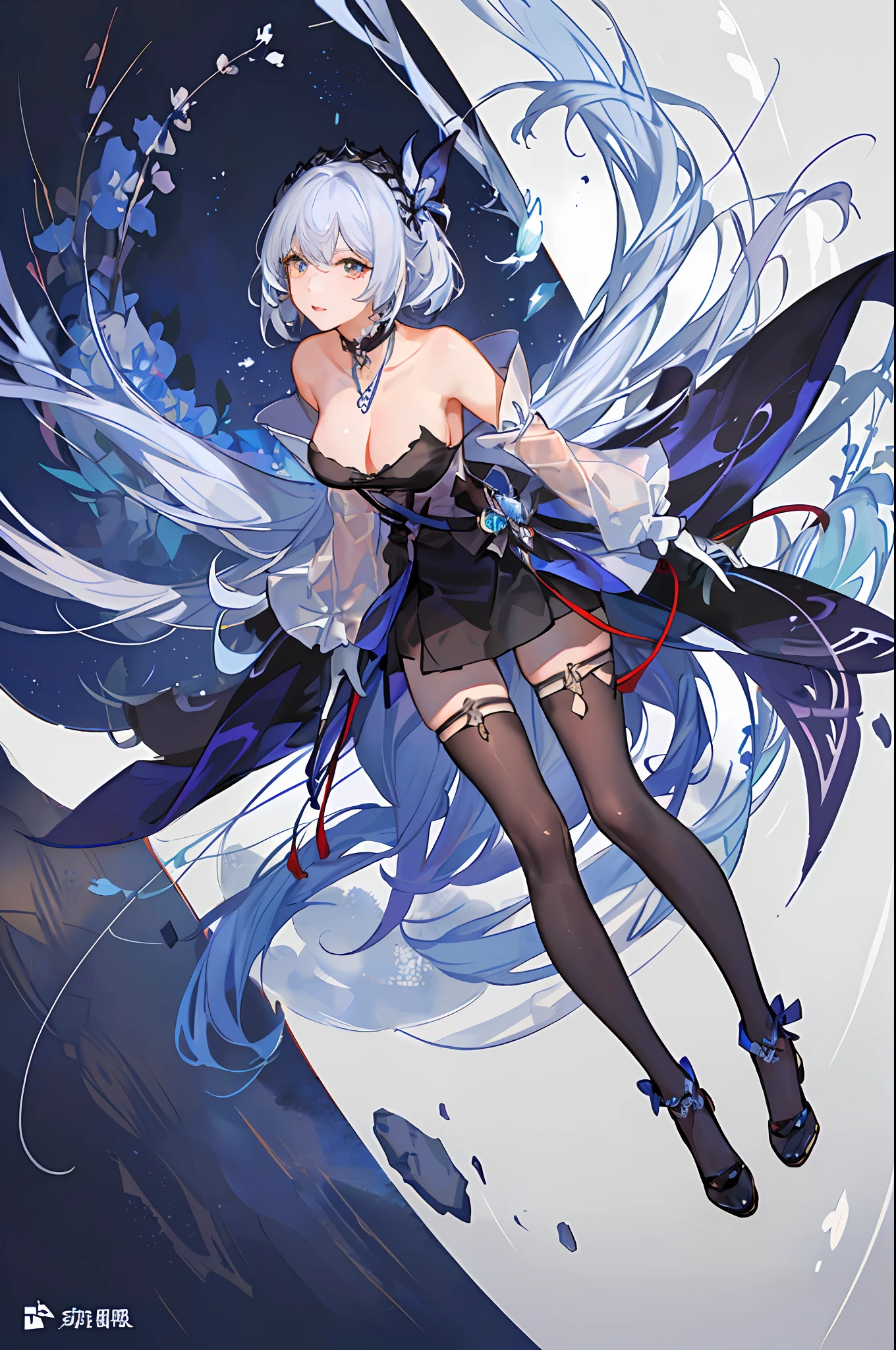 tmasterpiece, best qualtiy,4K,Wallpaper 8k, Hyper-detailing, illustratio, sportrait, 1girll, blacksilk,a purple eye,black lence stockings,Silvery-white hair,st louis \(Luxury wheels\)\(Sky Blue Lane\), hair adornments, 耳Nipple Ring, choker necklace, sportrait, ((((silvercleavage dress))), (Revealing the))), looki at viewer, 独奏,Walk gracefully