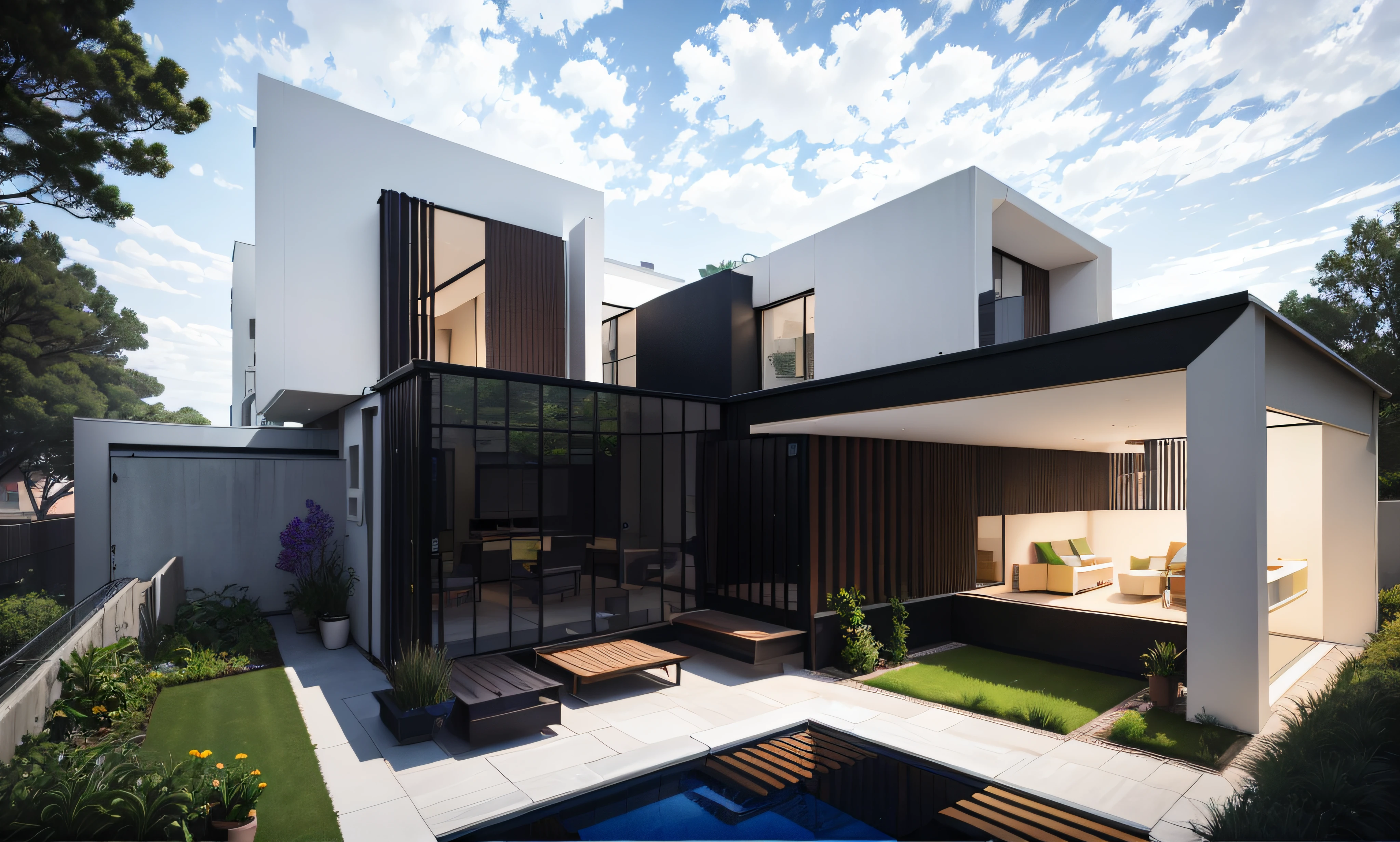 arafed modern house with a balcony and a balcony on the second floor, a digital rendering by Sam Black, shutterstock, bauhaus, high quality rendering, contemporary house, rendering, new contemporary, artistic render, a wide full shot, modern style, 2 0 2 4, 2024, modern look, pre-rendered, -h 1024,((garden))