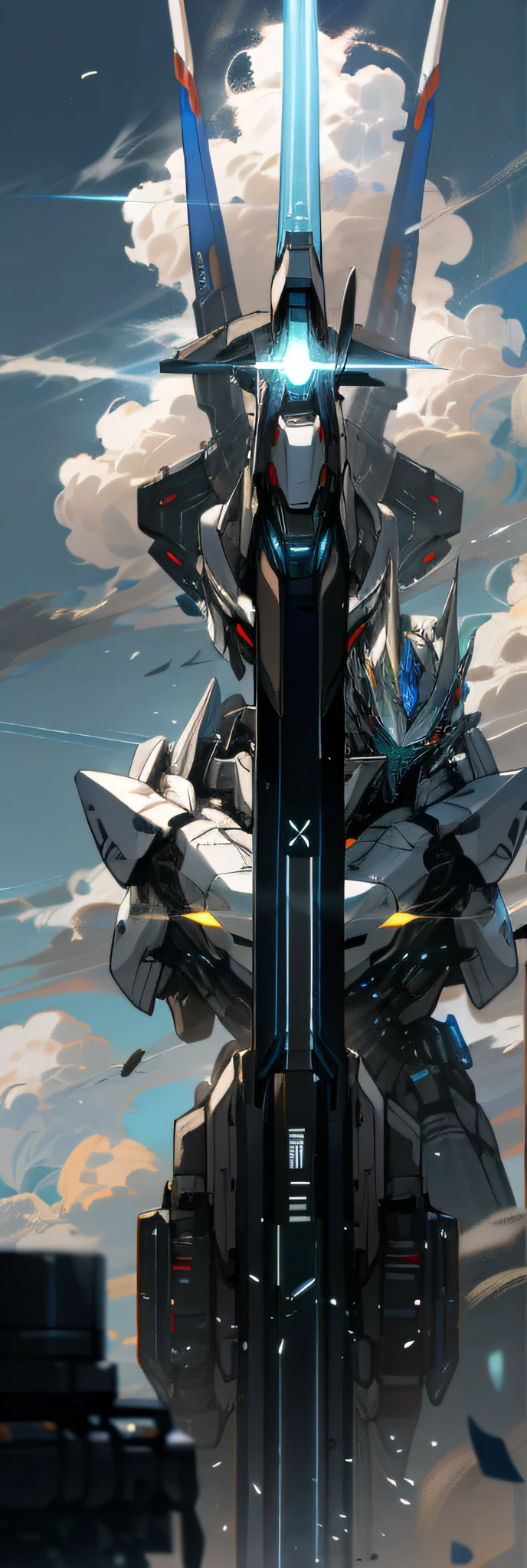 Skysky,clouds,holding_weapon,no_humans,with light glowing,mechs,buliding,scientific fiction,城市,Realistis,ultra-clear,The details were perfect,Delicate