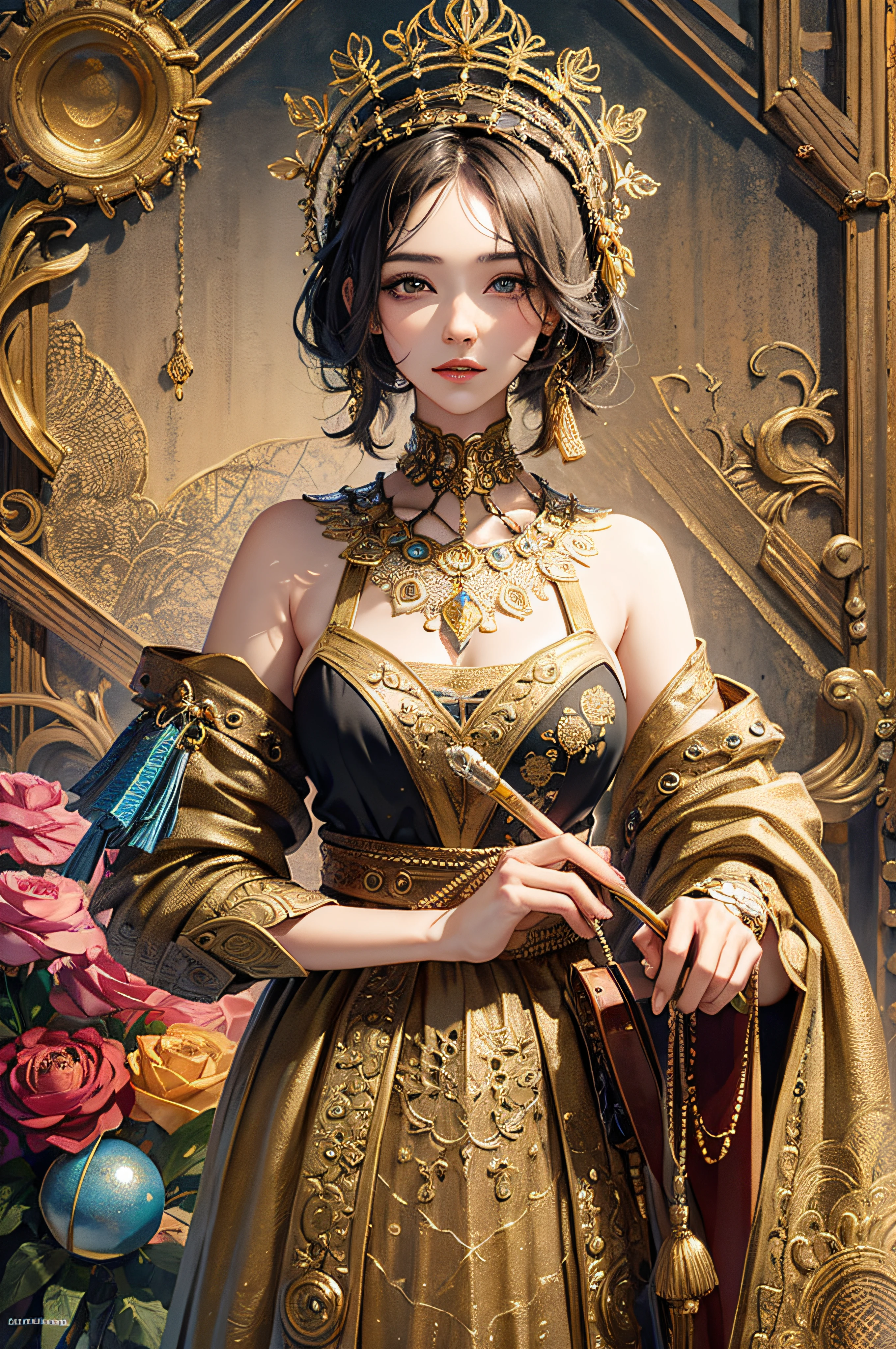 (masterpiece, top quality, best quality, official art, beautiful and aesthetic:1.2), (1girl), extreme detailed,colorful,highest detailed, official art, unity 8k wallpaper, ultra detailed, beautiful and aesthetic, beautiful, masterpiece, best quality, (zentangle, mandala, tangle, entangle) ,holy light,gold foil,gold leaf art,glitter drawing, PerfectNwsjMajic