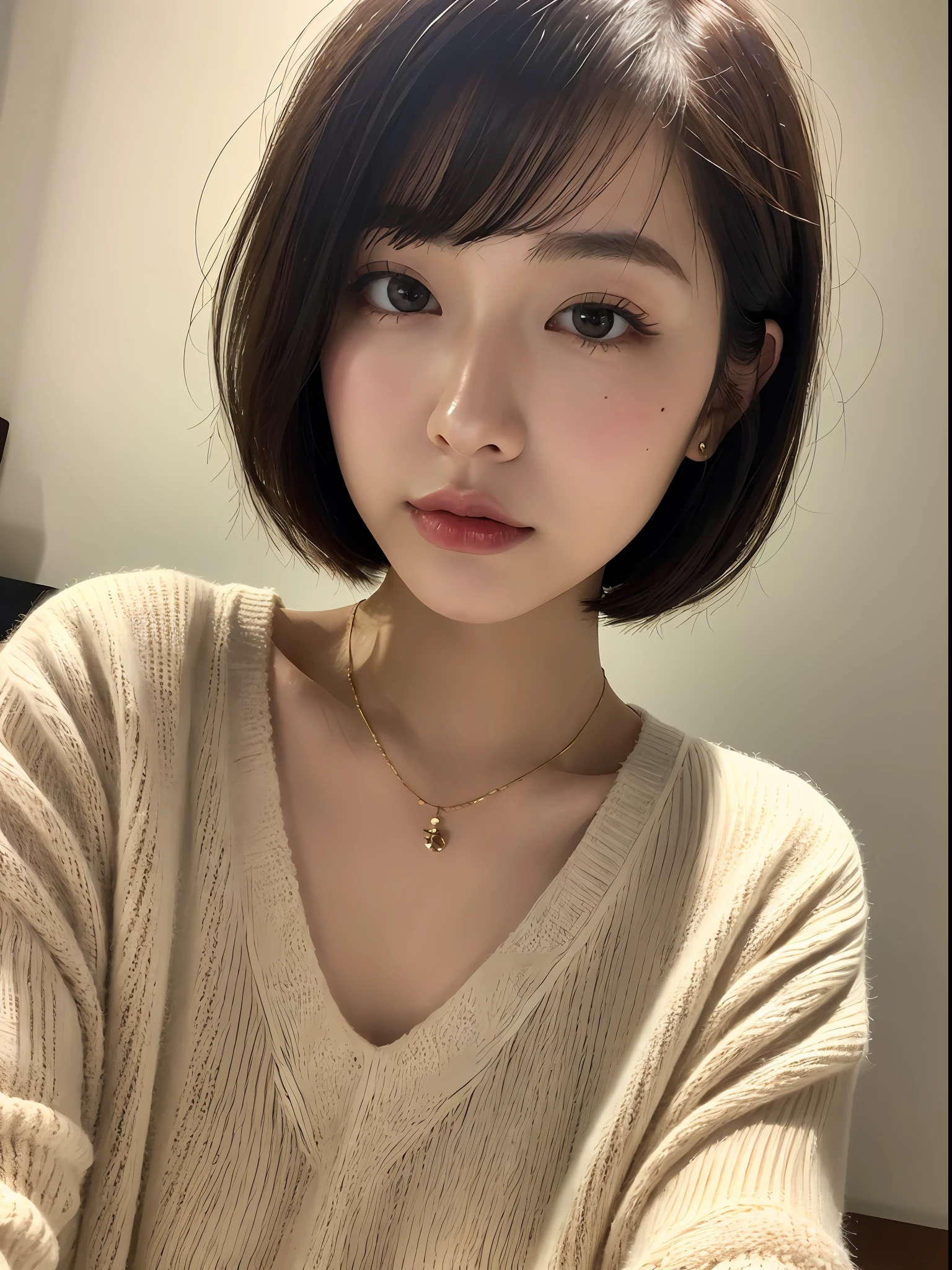 (Best quality, 8k, 32k, masterpiece, UHD: 1.2), photo beautiful japanese woman, room, very short Bob hair, upper body, facial focus, oversized_sweater, necklace, simple background, from above, looking at the viewer,