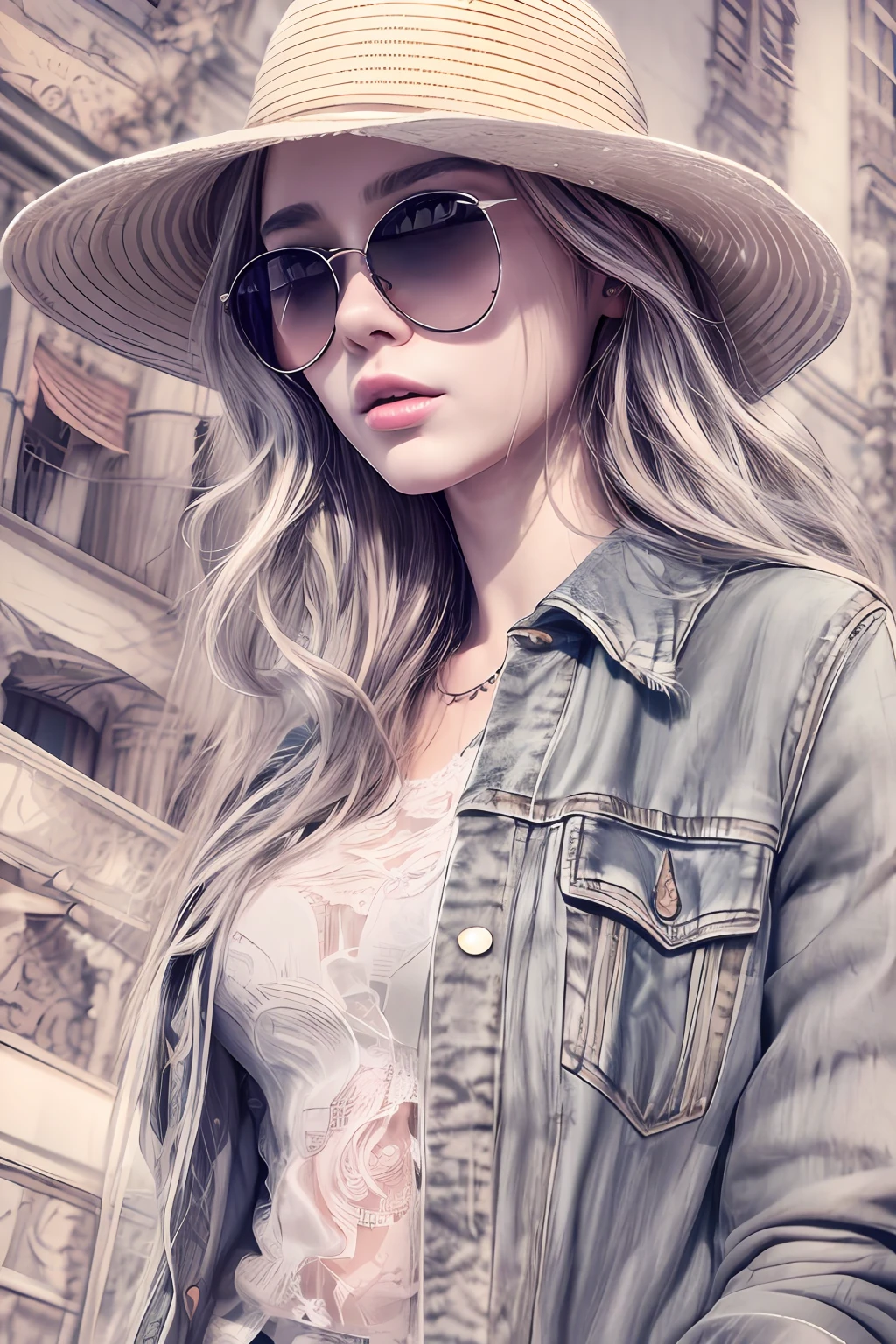 (illustration:1.3),Line drawings, Black contour line,1 beautiful woman in jeans, Lunette de soleil,sunhat, Best quality, Detailed details, Masterpiece, offcial art, Cinematic lighting effects, 4K,