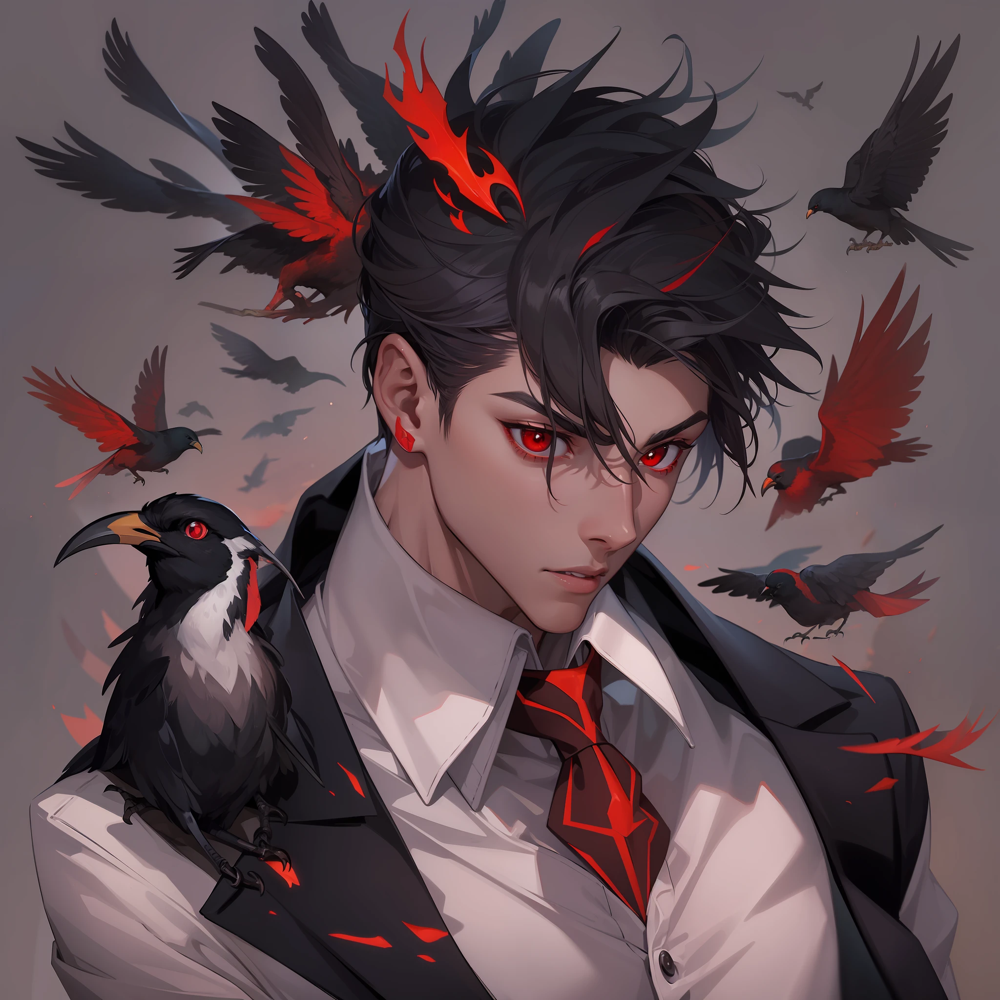 man, light skin, red tones, red eyes, crow on shoulder, black hair, short fur, focus on face, magic, Black Suit, red details, high quality image, 8k, focus on face, background birds in sky, Night magic neck tattoo