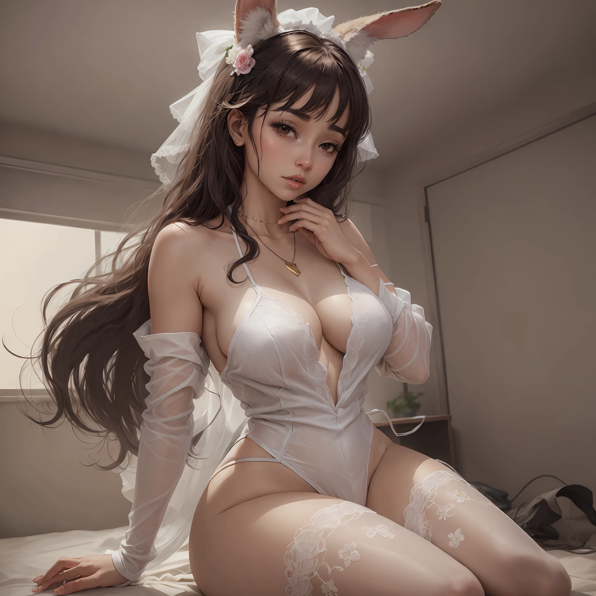 Brown-skinned bunny girl, sexy, ecchi hentai Nicki Minaj as bride with tied hands, sitting on operating table, in hospital, white wedding dress deep v open crotch dress half dragged, fully exposed her breasts, main, main camel toes, thick camel toes exposed, big shiny breasts exposed, almost naked, brunette bangs, (8k, RAW photo, realistic: 1.25), (lip gloss, highest quality, ultra-high resolution, depth of field, chromatic aberration) staring at the audience, gold necklace, excitement, sexy pose, necklace, full body, knee-high stockings, sheer see-through panties, transparent nurse outfit, visible, furry, breasts visible, perfect hands, perfect feet, big ass, perfect body, steam wave, SFW