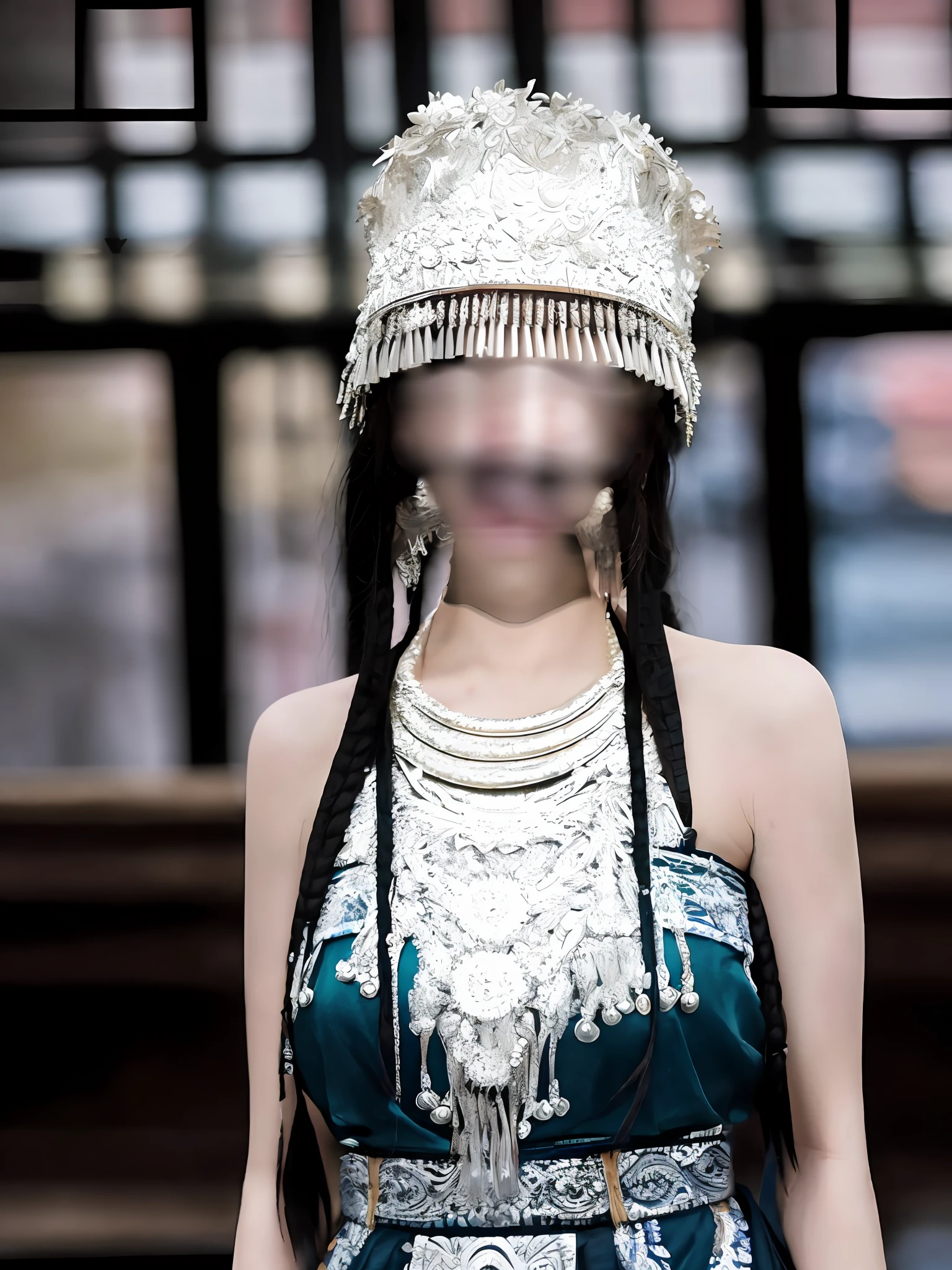 Symmetrical, high-detail original color photo professional close-up, [ : (high-detail face: 1.2) : 0.1] , (PureErosFace v 1:0.8) ,((full-body)) full-body portrait, pores, real skin,big breasts, flowing dress, dress, hair band, flying hair, (grey hair ) , ancient headdress, hairpin, smile, affectionate eyes, sparkling eyes, beautiful scene, shadow, Backlight, natural light, obscurity Lens, hard focus, film particles, shooting photos, portrait photos