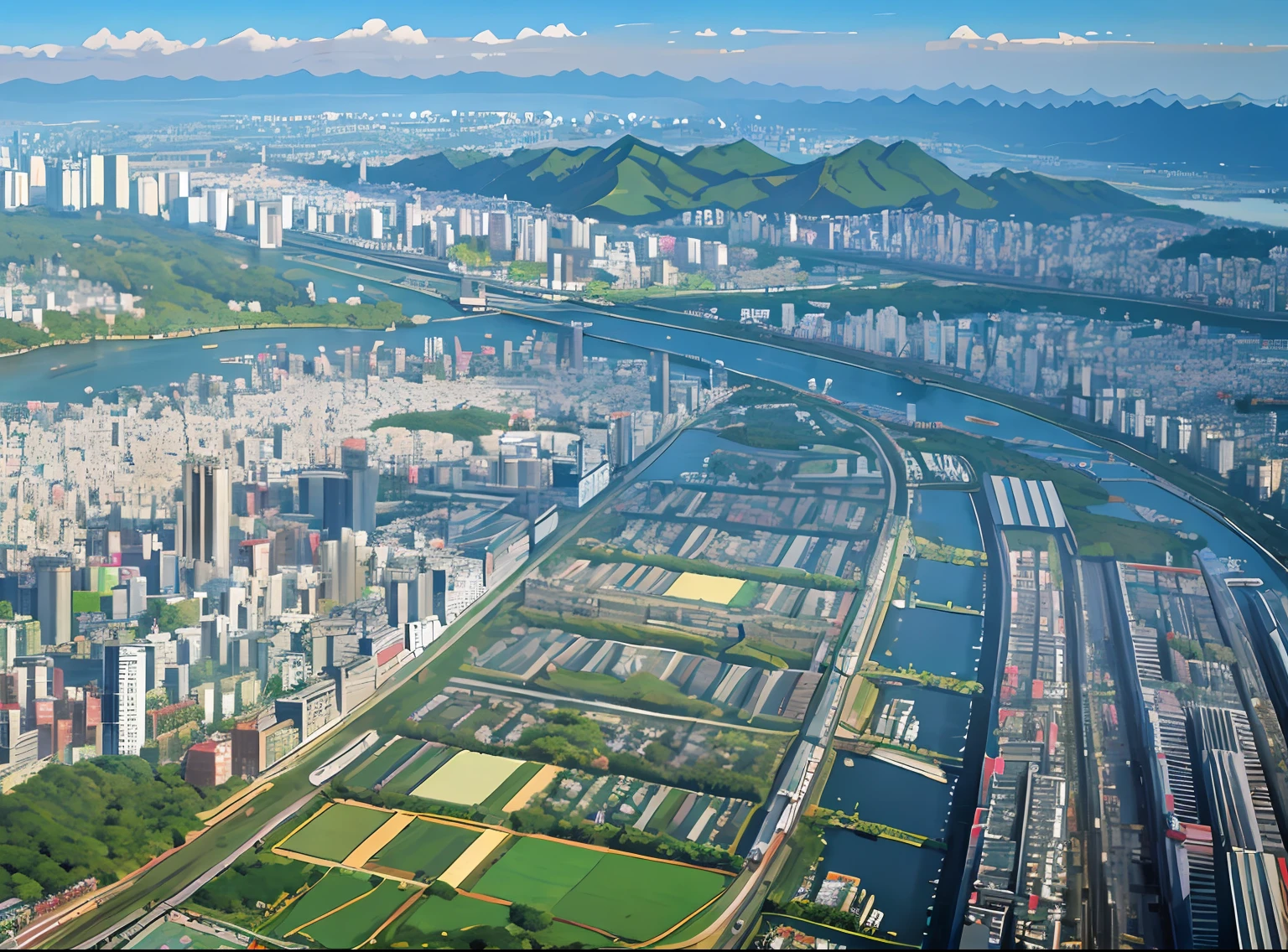 Get a bird's eye view of Tokyo's city-rural-urban divide, super wide viewing Angle, Busy streets and towering buildings,Breathtaking cityscape。