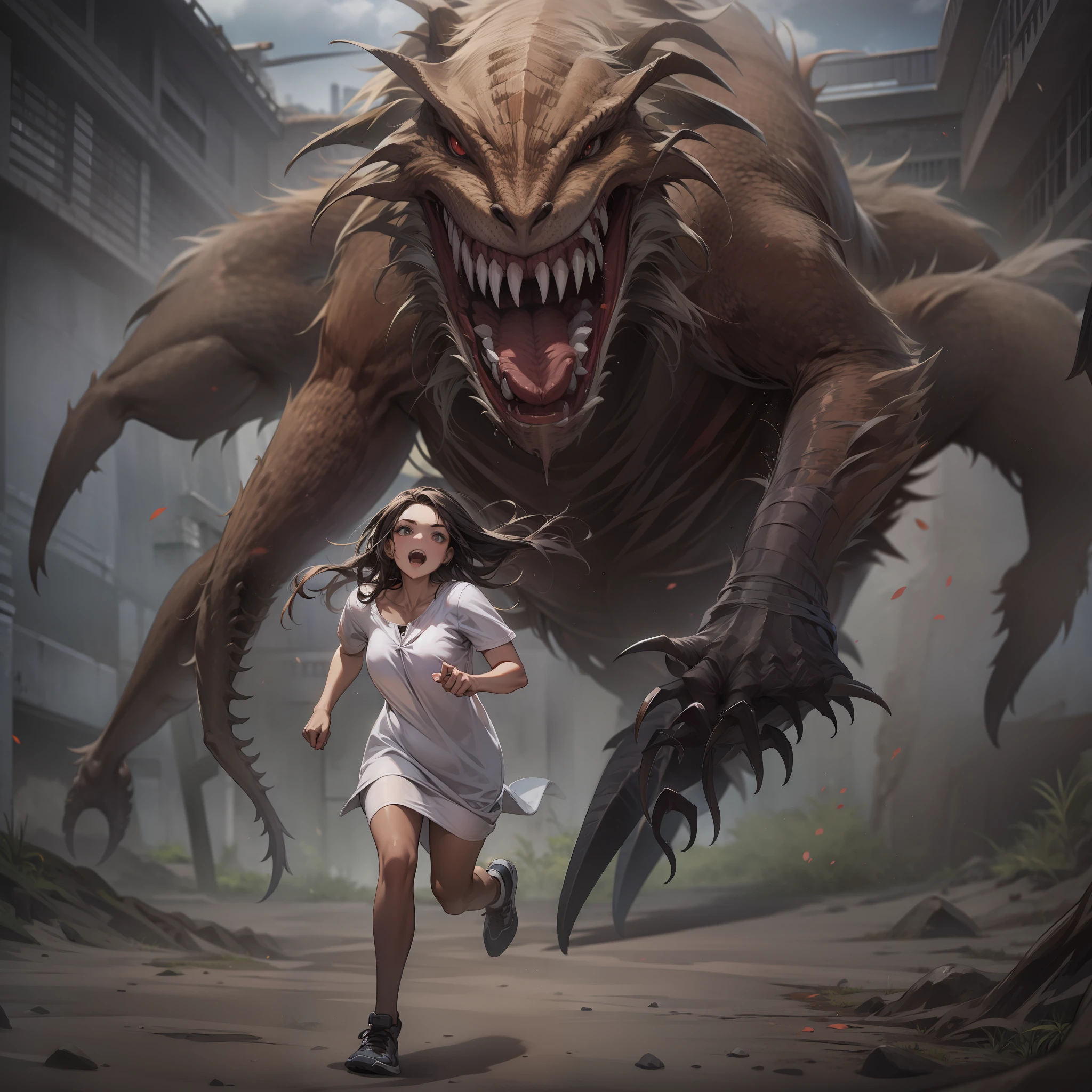 Beautiful woman running away from huge creature with claws and big sharp teeth