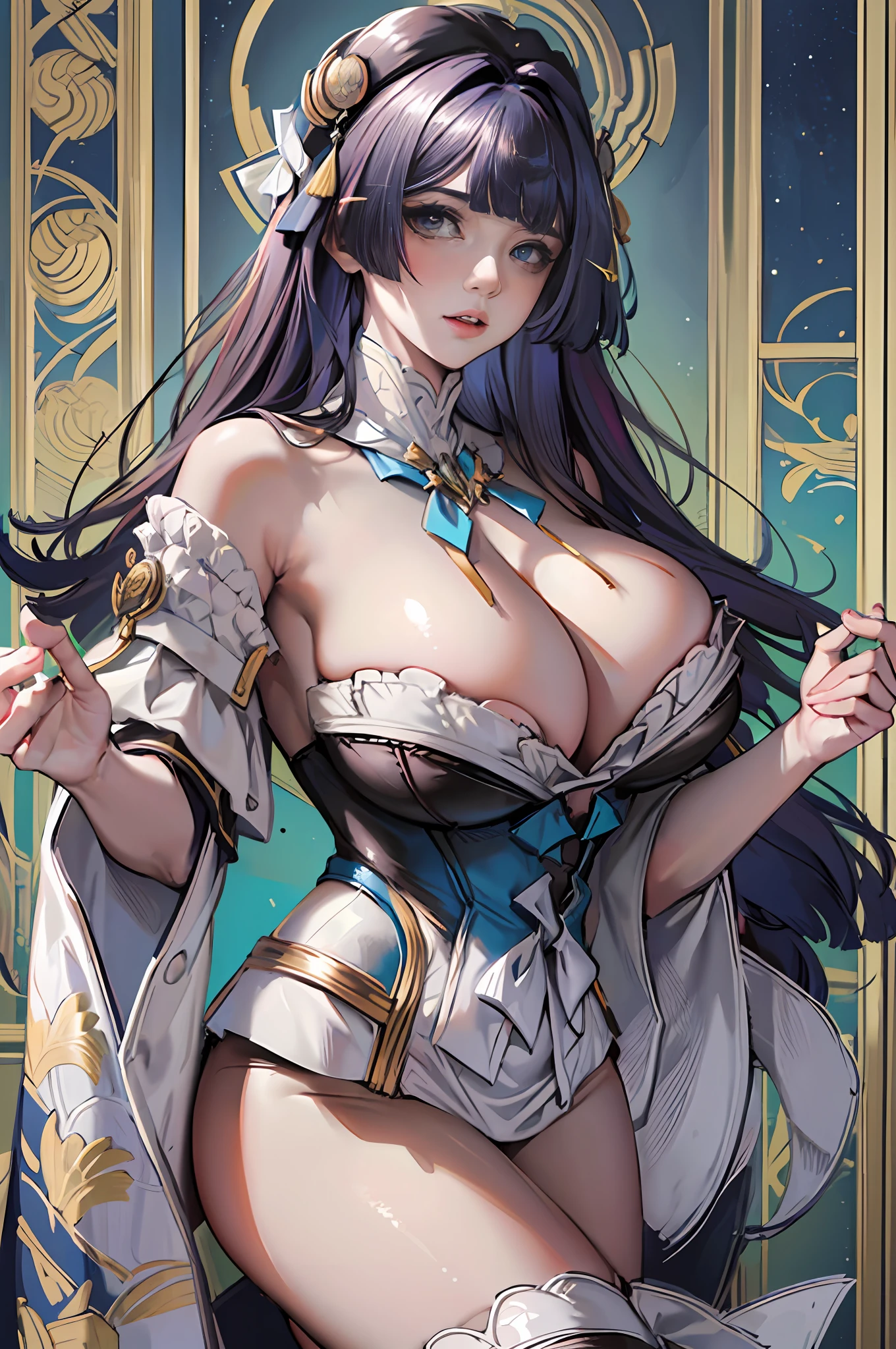 Portrait of the face of a mature woman , long whitr hair,Plump body,crisp breasts,鎖骨,huge tit,gigantic cleavage breasts,cleavage,Huge breast,white colors,Gold picture frame edge, Floral frame, Decorative panels, abstracted,waistup,Corset,underdressing,sensual lingerie,brassier,Lace lingerie big breasts,Pedras preciosas,photorealestic,Artistically,An Alphonse Mucha's
(tmasterpiece,best qualtiy,A high resolution:1.4),the detail,complexdetails,4K,colored splashing,Line art,Fibonacci,