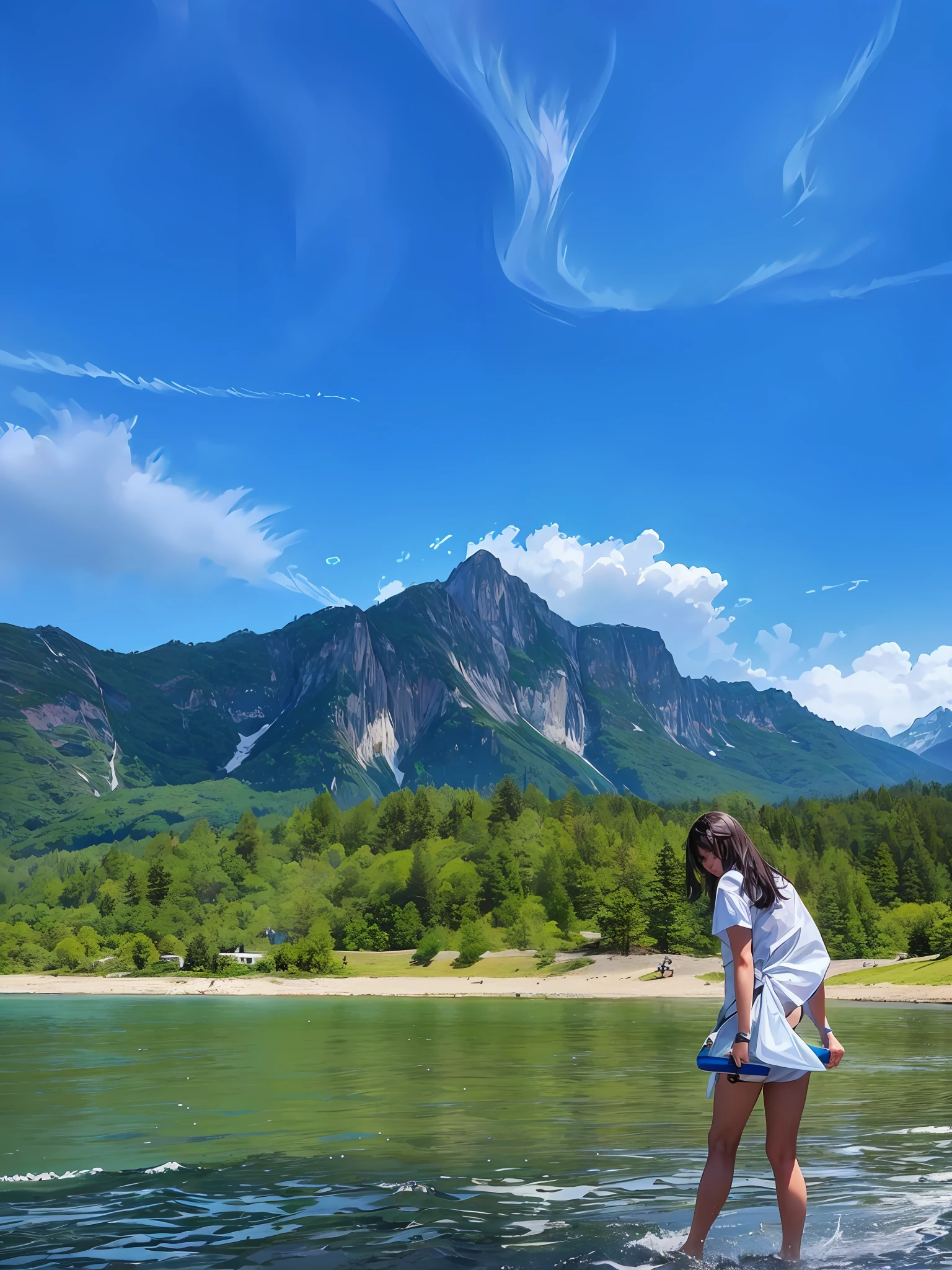 There was a woman standing in the water with a surfboard, moutain in background, mountain in background, Stand in front of Mt, mountain in background, with the mountains in the background, with the mountains in the background, mountain in background, with the mountains in the background, beautiful mountains behind, Summer, epic mountains in the background, some mountains in the background