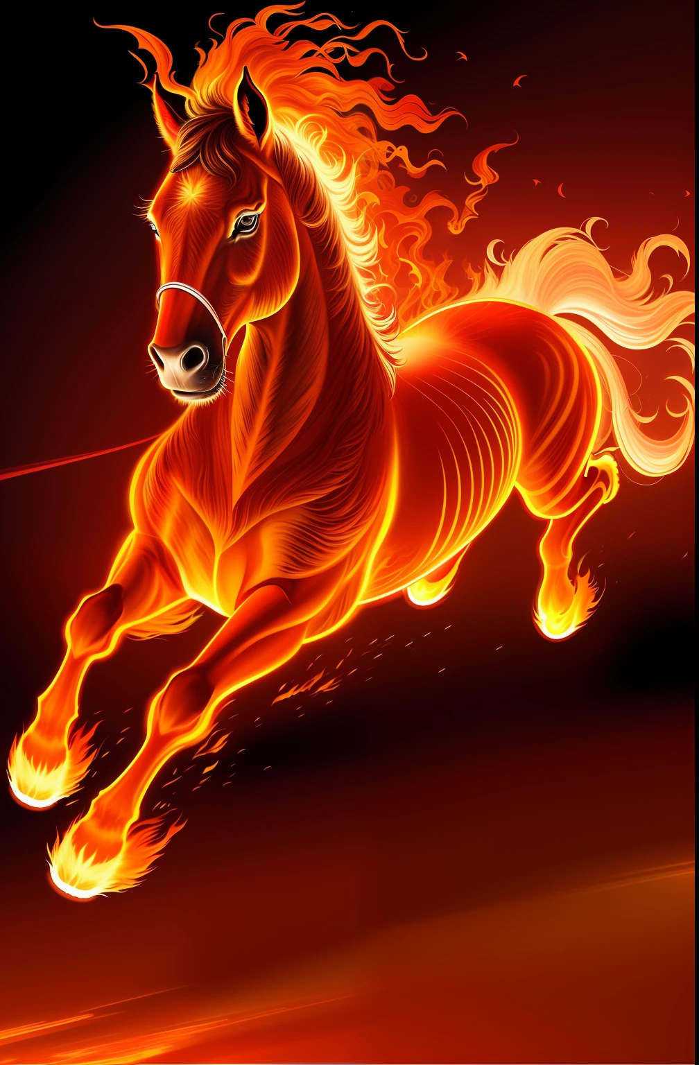 Fiery horses running through the air，There is a fire in the mouth, fire and flames mane, digital horse, fiery coloring, cavalos, amazing wallpapers, Amazing, firey, high quality hd digital art, wallpaper hd, fires!! Hyperrealistic, wallpaper - 1 0 2 4, sleipnir, tiger of fire flying, riding on a prancing horse, hd illustration --auto