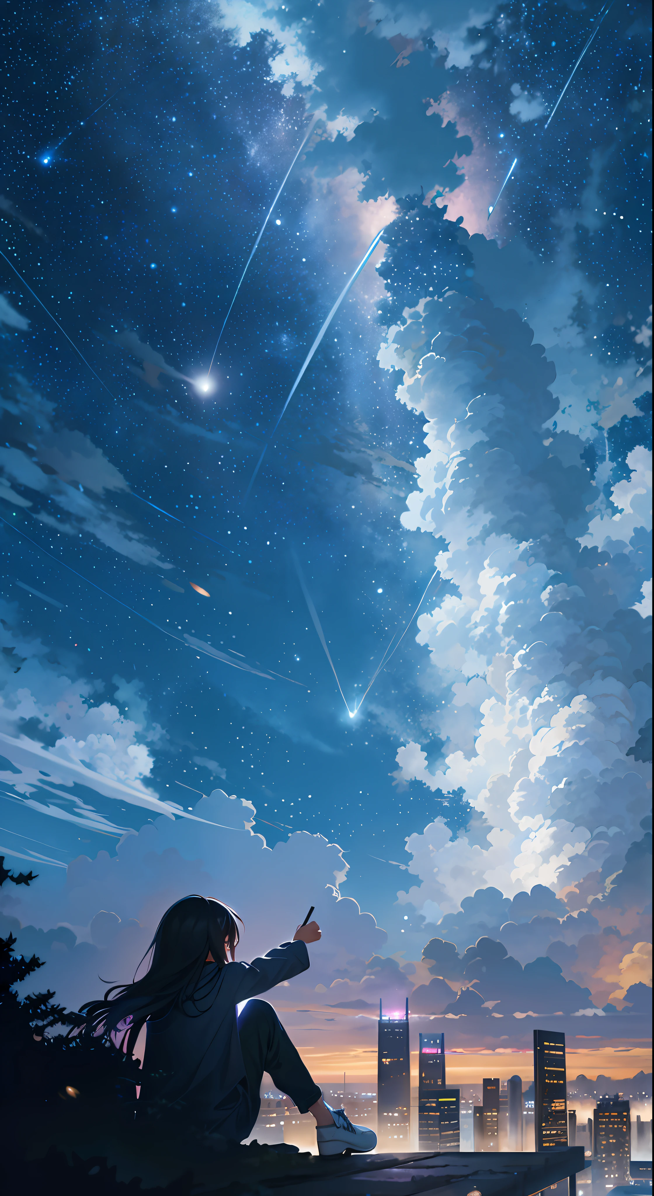 Real girl sitting on the deck of a ship looking at the stars in the sky, Cosmos Sky. By Makoto Shinkai, Makoto Shinkai Cyril Rolando, Anime art wallpaper 4k, Anime art wallpaper 4 K, in the style of makoto shinkai, Guweiz e Makoto Shinkai, Anime art wallpaper 8 K, Makoto Shinkai!,White steamer