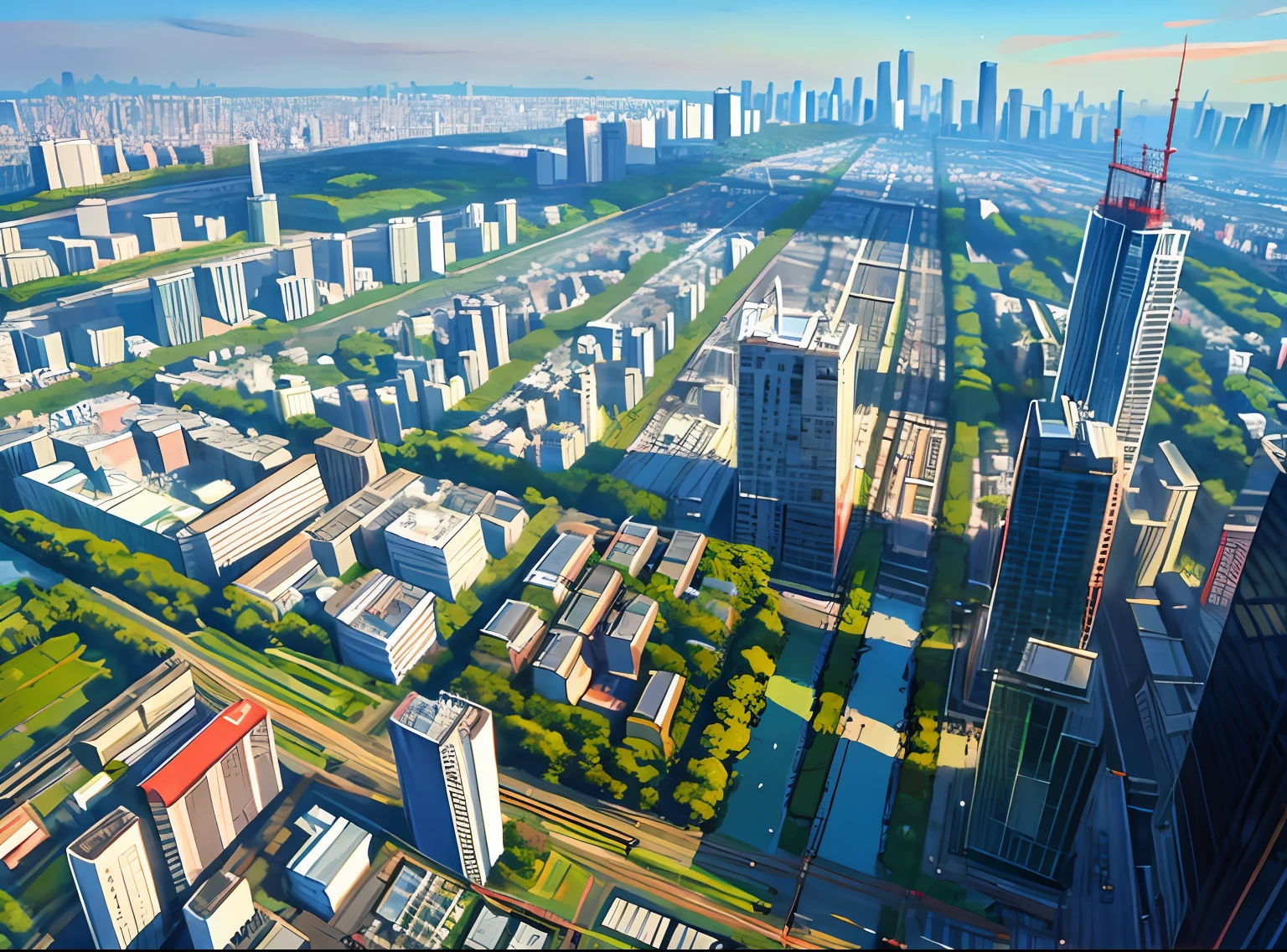 Get a bird's eye view of Tokyo's city-rural-urban divide, super wide viewing Angle, Busy streets and towering buildings,Breathtaking cityscape。