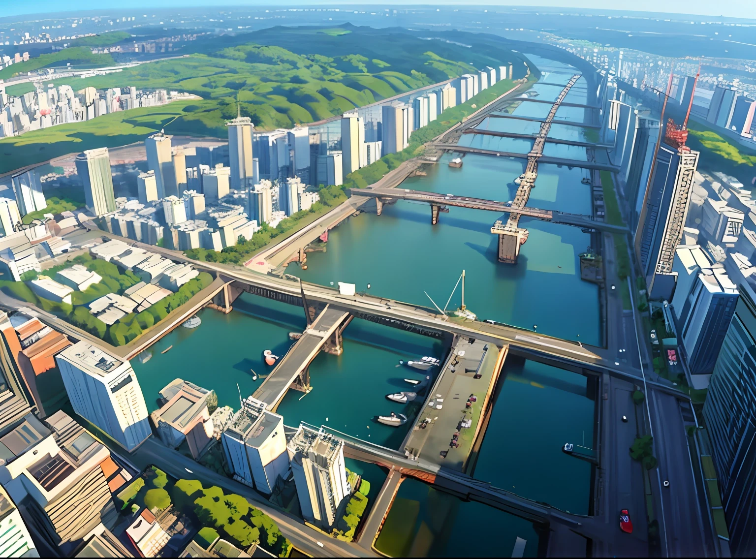 Get a bird's eye view of Tokyo's city-rural-urban divide, super wide viewing Angle, Busy streets and towering buildings,Breathtaking cityscape。