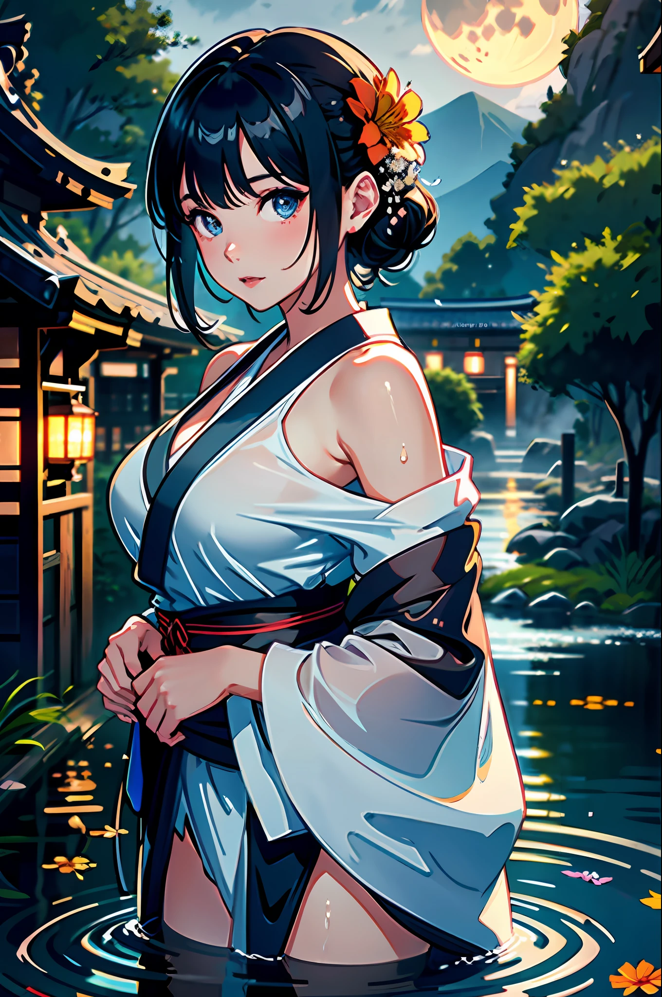 1girl, breasts, moon, lantern, night, solo, large breasts, hair ornament, wet, kimono, japanese clothes, wading, water, hair flower, flower, outdoors, sky, full moon, rain, black hair, off shoulder, mountain, cloud, holding, sash, bare shoulders, paper lantern, standing, white kimono, night sky, sideboob, obi, wet clothes, bangs, tree, from side, reflection, short hair, cloudy sky, wet hair (((masterpiece),(extremely detailed CG unity 8k wallpaper),best quality,,solo,1girl,cinematic lighting,detailed background,beautiful detailed eyes,bright pupils, (an extremely delicate and beautiful),(Beautiful and detailed eye description), ultra-detailed,masterpiece,)),