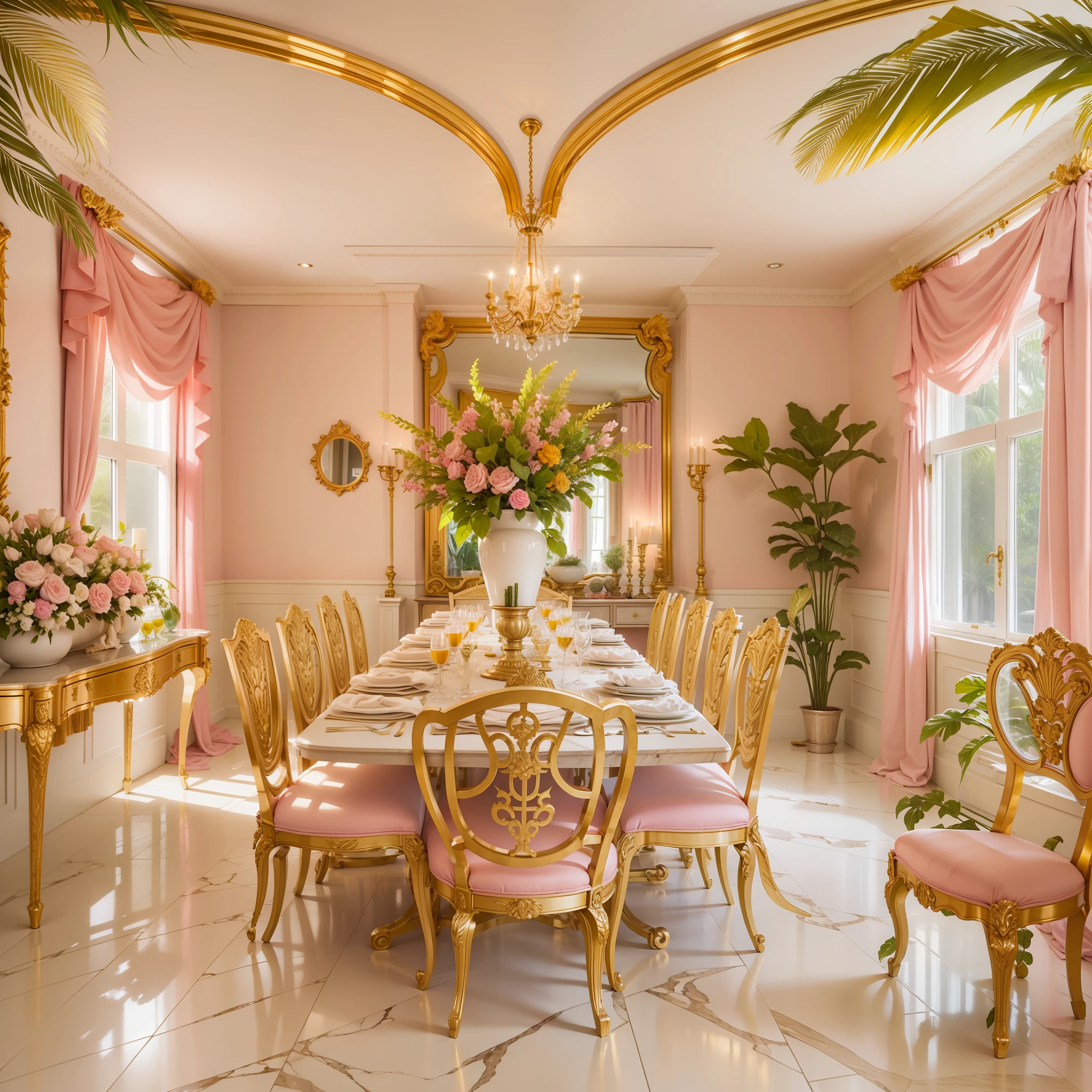 Palm Beach garden style dining room decorated in pink and gold