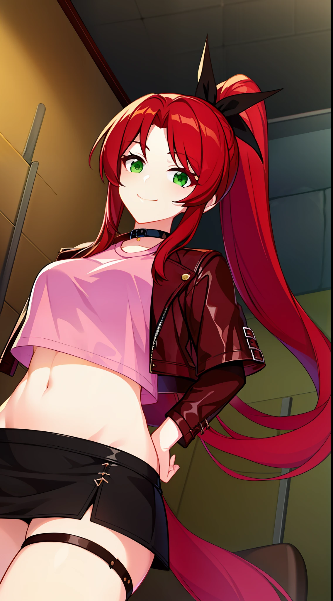 young girl, Long red hair, high ponytail, Green eyes, black leather jacket, Pink T-shirt, open belly, Skirt upholstery, ssmile, Masterpiece, hiquality