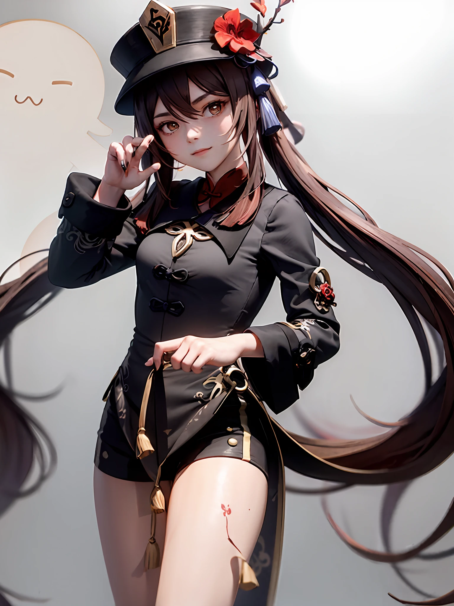 flower, Red_flower, Solo, Hat, Long_Hair,Hu Hutao \(Genshin Impact\),Mature female, Looking_at_peeping at the viewer, The upper part of the body_Body, Chinese_clothes, 1girll, Hat_flower, brown_Hair，Closed_Mouth, hibiscus, Red_Rose, spider_Lily, bangs,kbxll，Cat's paw gesture