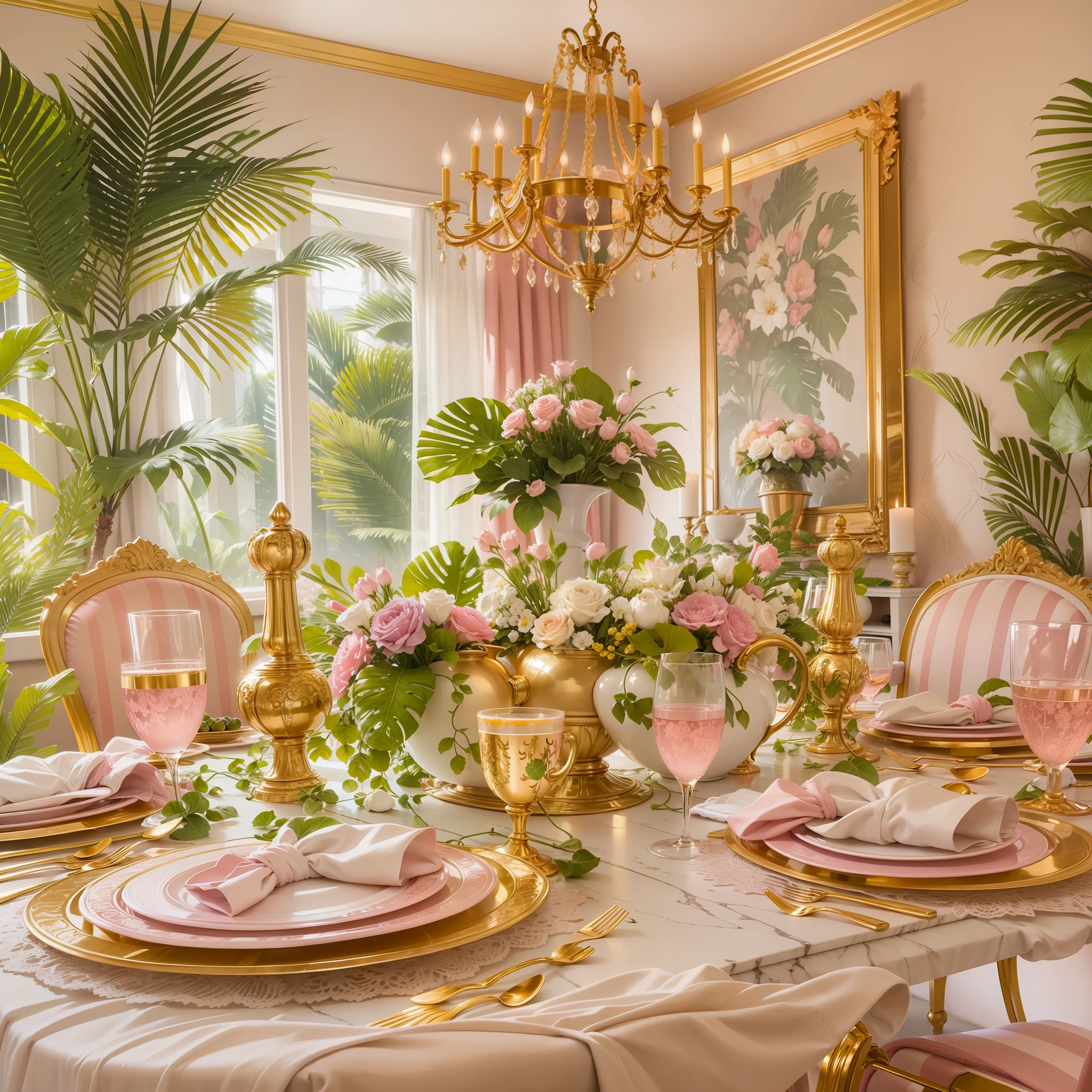 Palm Beach garden style dining room decorated in pink and gold