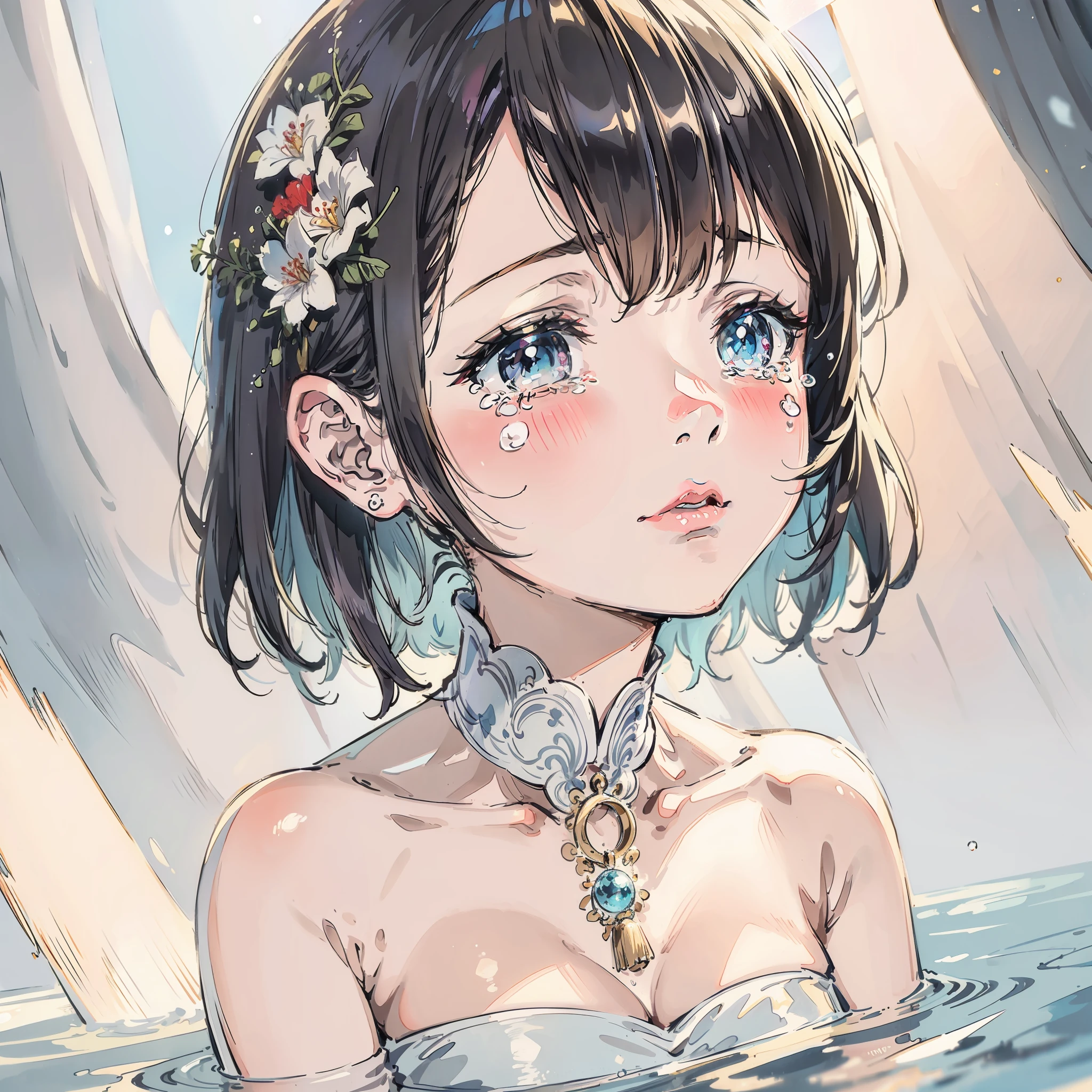 high-level image quality、masterpiece、excellent、1girl in、独奏、Intricate details、Air bubble、Sunlight shines、Light and glitter、Image of unraveling、Silvery beautiful girl、Enveloped in light、Soft smile、Crying face、Frustrated face、Begging for life、Strangulation、Life ends、strong lights、Neck splashing