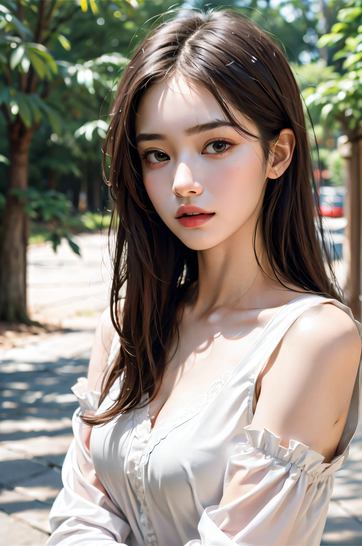 (Delicate skin and skin pores and goosebumps:1.2), (high quality face:1), (Detailed face), (Raw photos taken with a DSLR camera:1), Matching white blouse, Classic black slacks