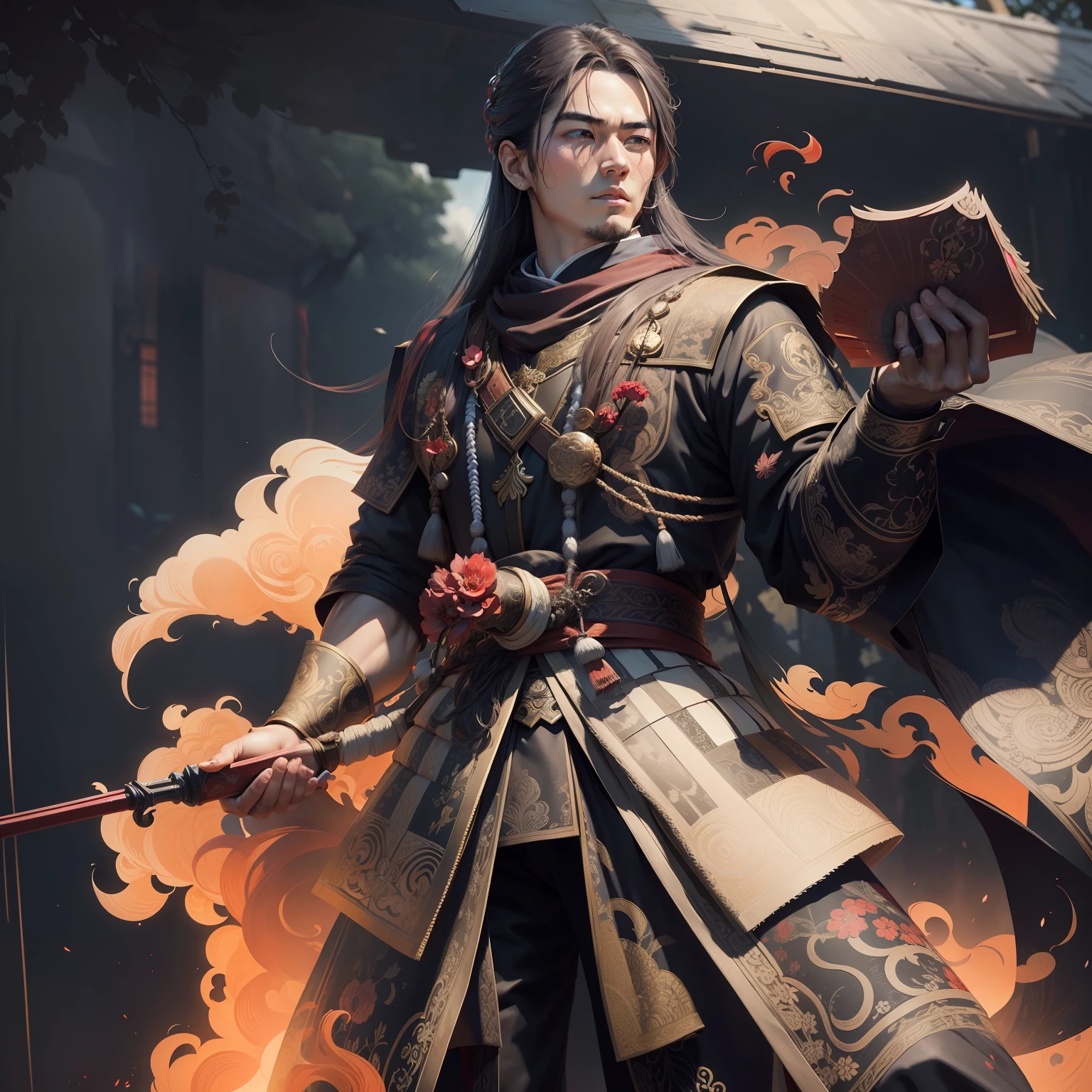 Jin Sakai, ultra detailed young man jwith long hair wearing detailed and intricate ancient clothes, in ancient cherry orchard portrait, glowy red smoke art merged with art nouveau, ink lines, 32k resolution, best quality in the style of video game Ghost of Tsushima. --auto