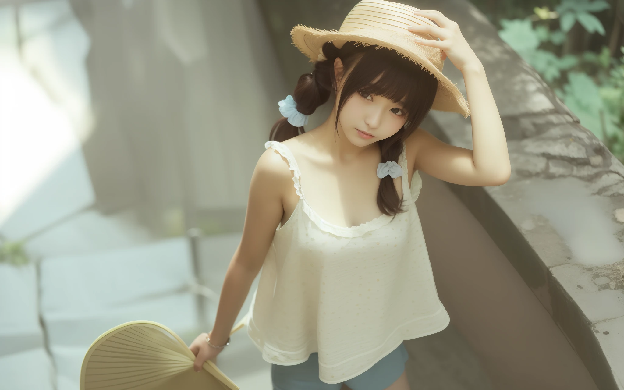 There was a woman with a fan and a hat, Guviz, Loli, Beautiful girl model, Realistic young gravure idol, girl cute-fine face, trending at cgstation, young and cute girl, with straw hat, sakimichan hdri, cutecore, cute cute, trending on cgstation, photo of slim girl model