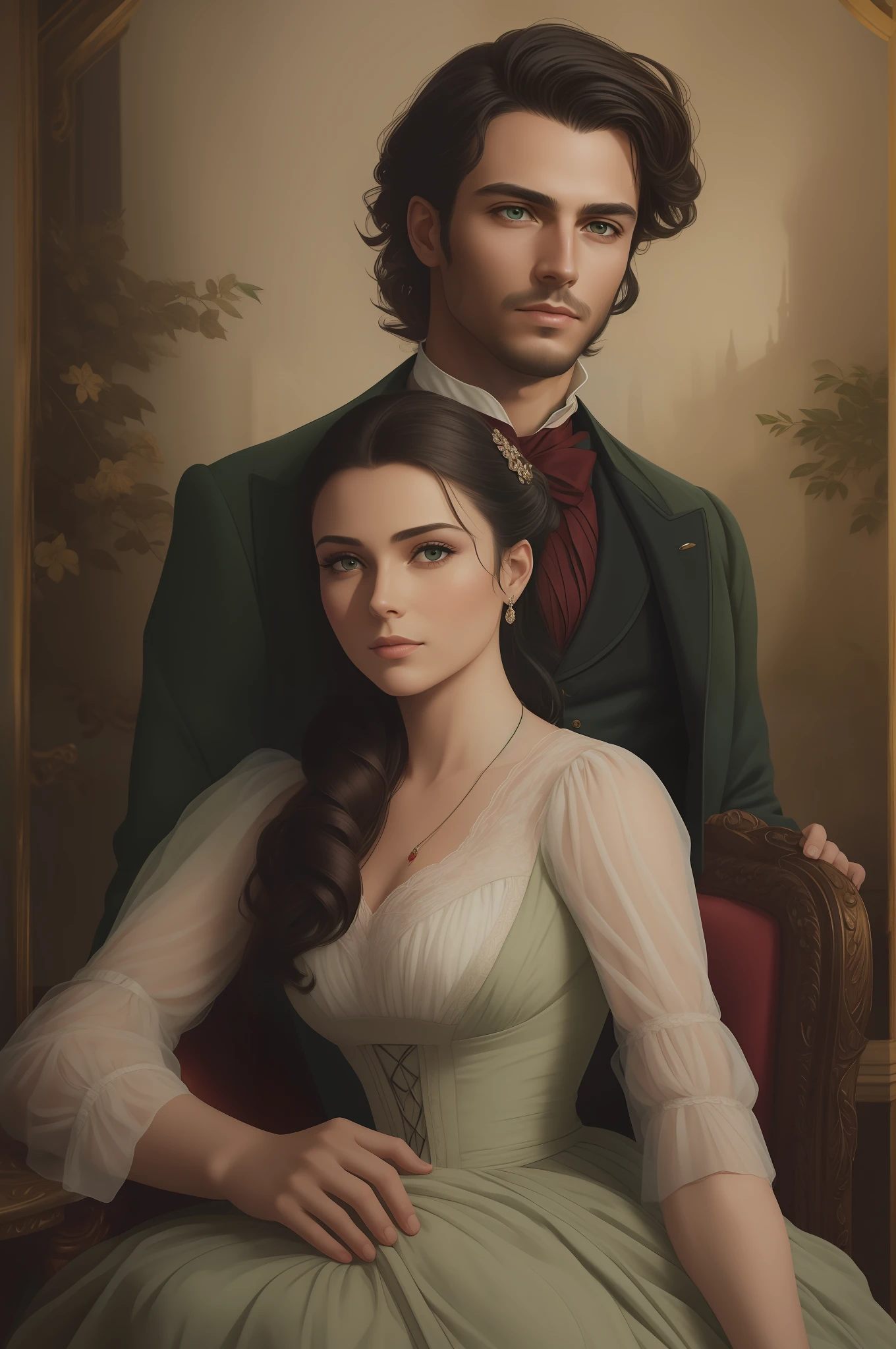 Masterpiece, best quality, RAW, analog style, A stunning portrait of a couple deeply in love in the gardens of a grand English countryside mansion in the year 1850. The man is tall, strong, and tanned handsome with brown wavy messy hair, brown eyes, and is around 30 years old. The woman is delicate with black straight hair styled in a bun, dark green eyes, and full lips, around 19 years old, scarlett ohara perfectly detailed facial traits. Create a masterpiece realistic illustration with intricate details capturing their love and emotions. Use clothes appropriate for the time period, and ensure the artwork is highly detailed. Please pay close attention to the details, such as the highlights and shadows on face and hair, to create a lifelike and realistic image. Experiment with different lighting techniques to enhance the mood and atmosphere of the portrait. The final product should be a masterpiece that captures the essence and beauty of the couple, ((highly detailed skin, skin details)), sharp focus, volumetric fog, 8k UHD, DSLR, high quality, film grain, Fujifilm XT3