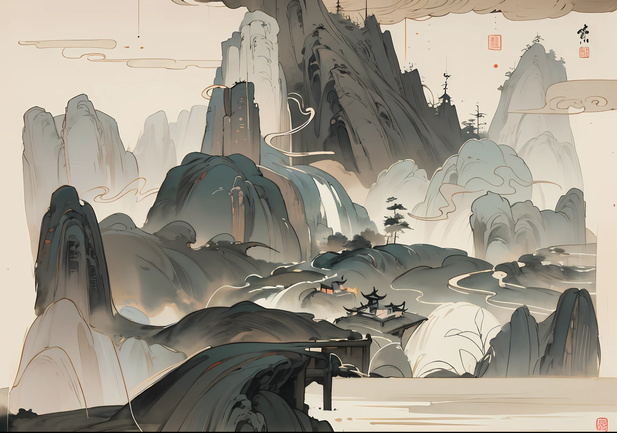 A serene Chinese landscape painting of majestic mountains and meandering rivers, capturing the harmonious beauty of nature. Created in the style of delicate ink wash painting, with intricate brushstrokes and a monochromatic palette. The artwork evokes the tranquil essence of ancient towns, inspired by the masterpieces of Wang Hui and Xu Yang. Classical Chinese art at its finest.