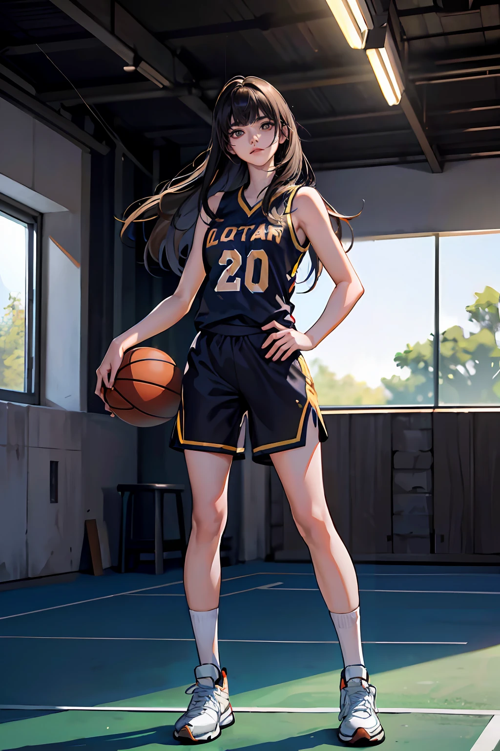 (8k, Best Quality, Masterpiece: 1.2), (Realistic, Realistic: 1.37), Ultra Detailed, Best Quality, Ultra High Resolution, Professional Lighting, Photon Mapping, Radiosity, Physically Based Rendering, Cinematic Lighting, Basketball Court, Depth of Field, Sharpness focus, sunlight, good composition, (bokeh: 1.2) 1girl, solo, (full body), (closed mouth), beautiful and detailed eyes, pose, narrow waist, basketball uniform, black hair, messy hair, long hair blowing in the wind, (ulzzang-6500:1.2) mix4, hiqcgbody
