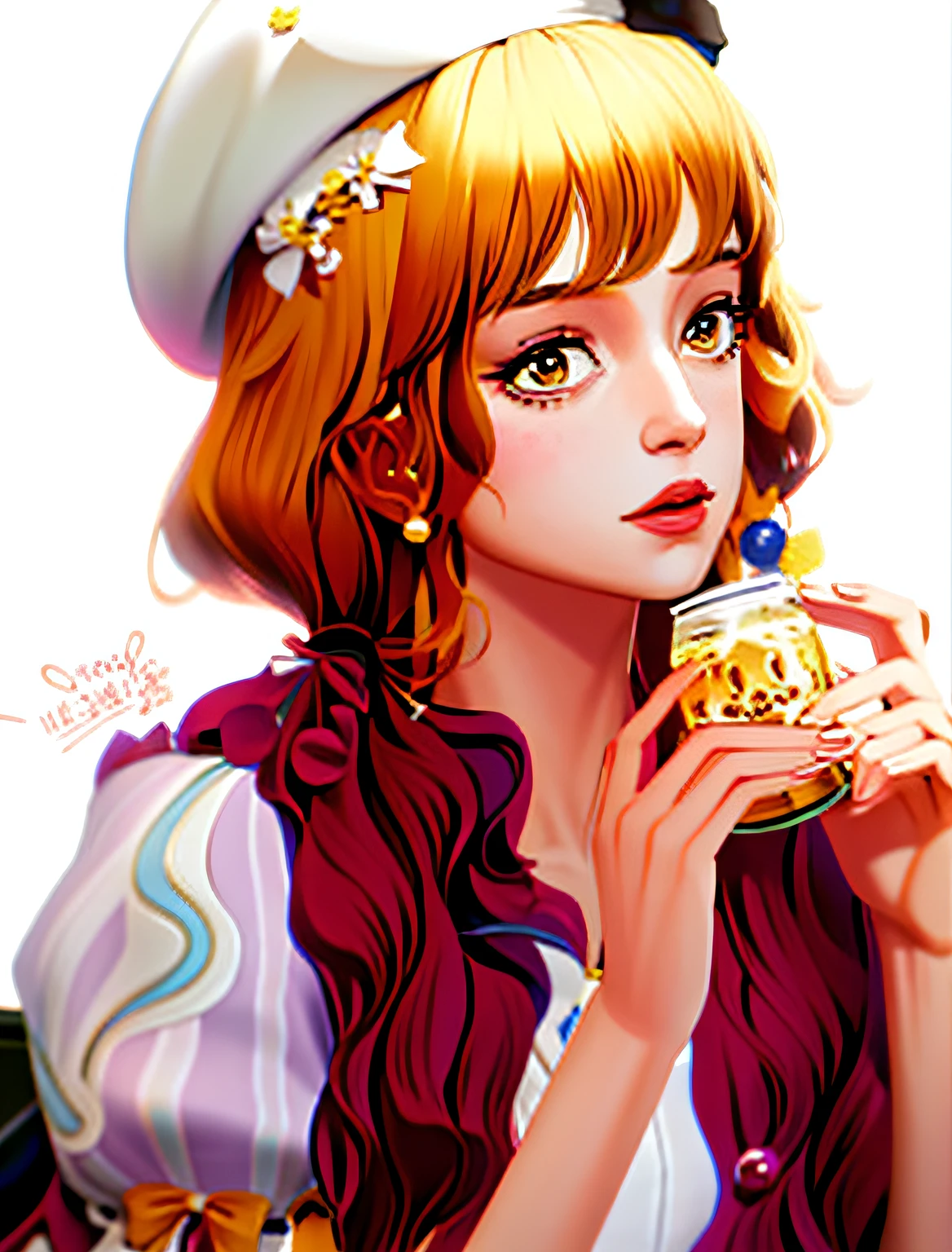 A girl in a hat，is wearing  dress，Yellow curly hair，Lovely character