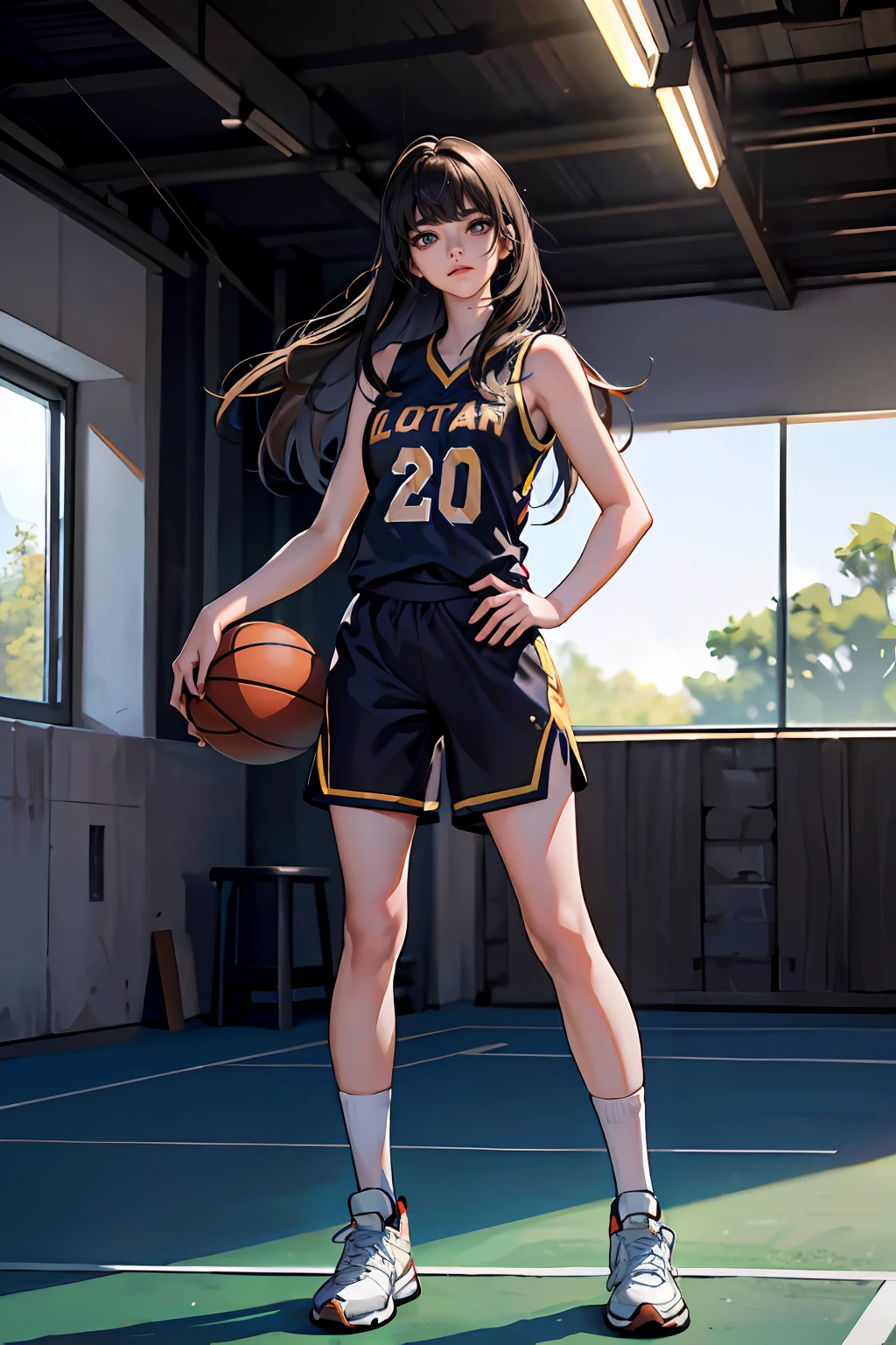 (8k, Best Quality, Masterpiece: 1.2), (Realistic, Realistic: 1.37), Ultra Detailed, Best Quality, Ultra High Resolution, Professional Lighting, Photon Mapping, Radiosity, Physically Based Rendering, Cinematic Lighting, Basketball Court, Depth of Field, Sharpness focus, sunlight, good composition, (bokeh: 1.2) 1girl, solo, (full body), (closed mouth), beautiful and detailed eyes, pose, narrow waist, basketball uniform, black hair, messy hair, long hair blowing in the wind, (ulzzang-6500:1.2) mix4, hiqcgbody