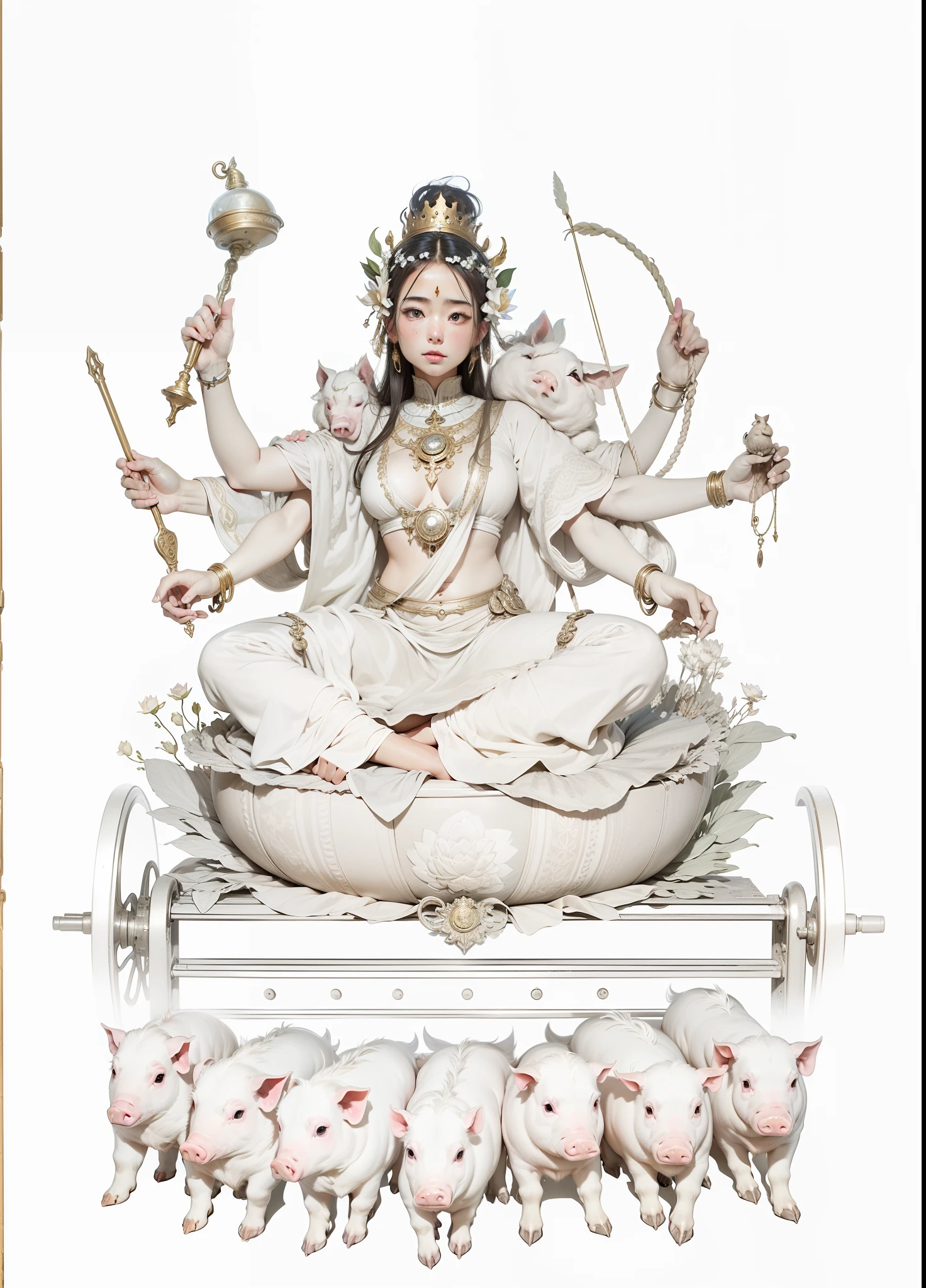 The beautiful goddess sits cross-legged on a lotus seat,Beautiful figure,The human body is anatomically precise,Wearing a golden crown on his head,((Six arms))Each hand holds a magic weapon,Seven piglets with ropes tied to their backs,There are no piglets on the lotus seat,The trolley has two wheels。The background has a round light,Clear and clean sky,