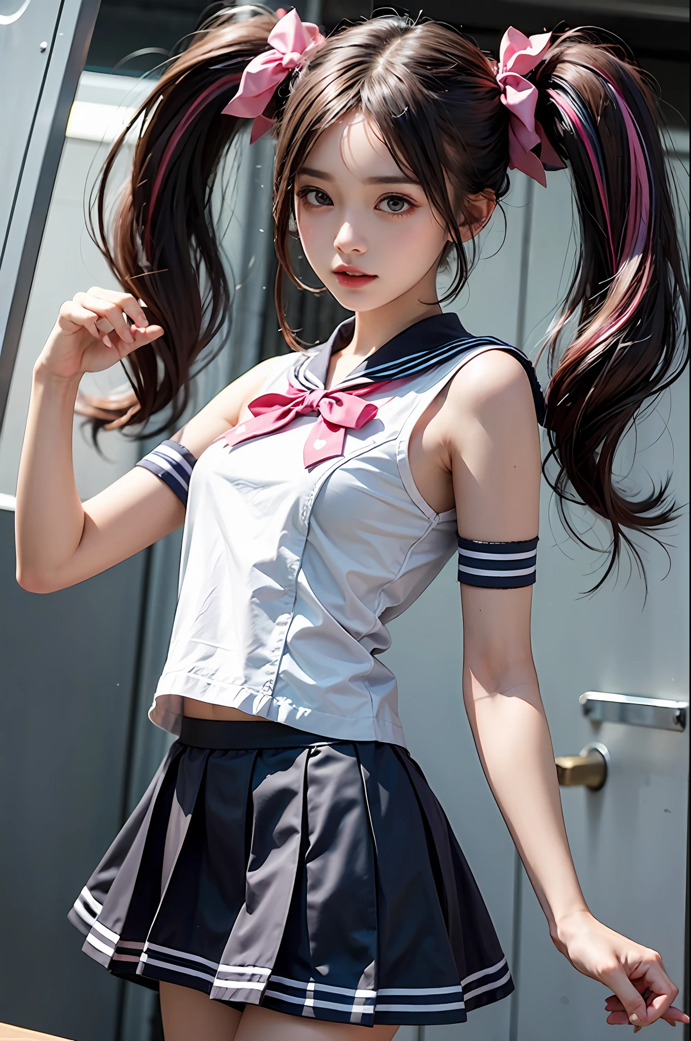 1girll,twintails,Colorful hair,Flying,White sailor suit and short skirt,pink bows,16-year-old female model,Side,