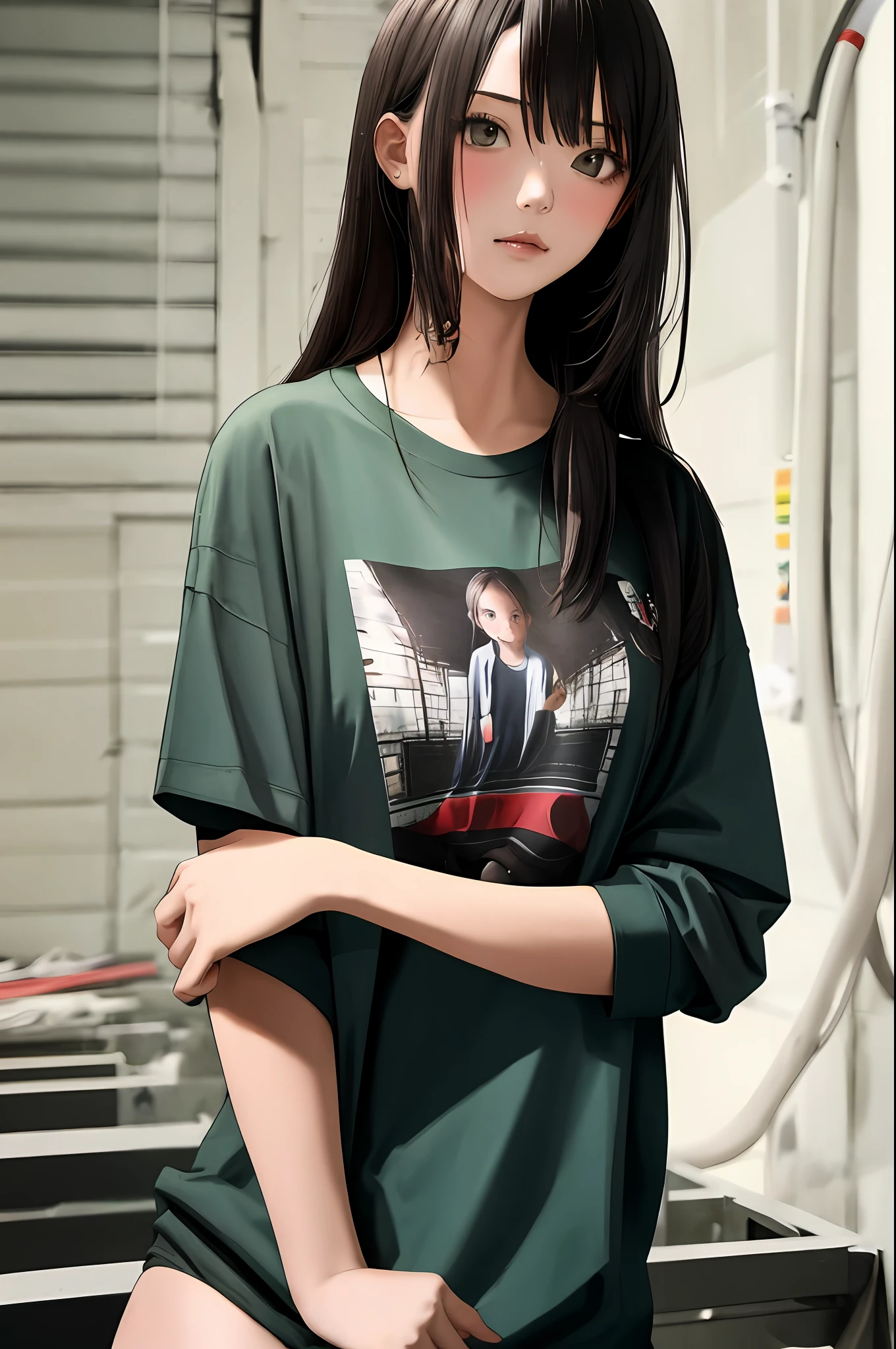 masterpiece, best quality, highres,  1girl, shirt, naked shirt, shirt tug