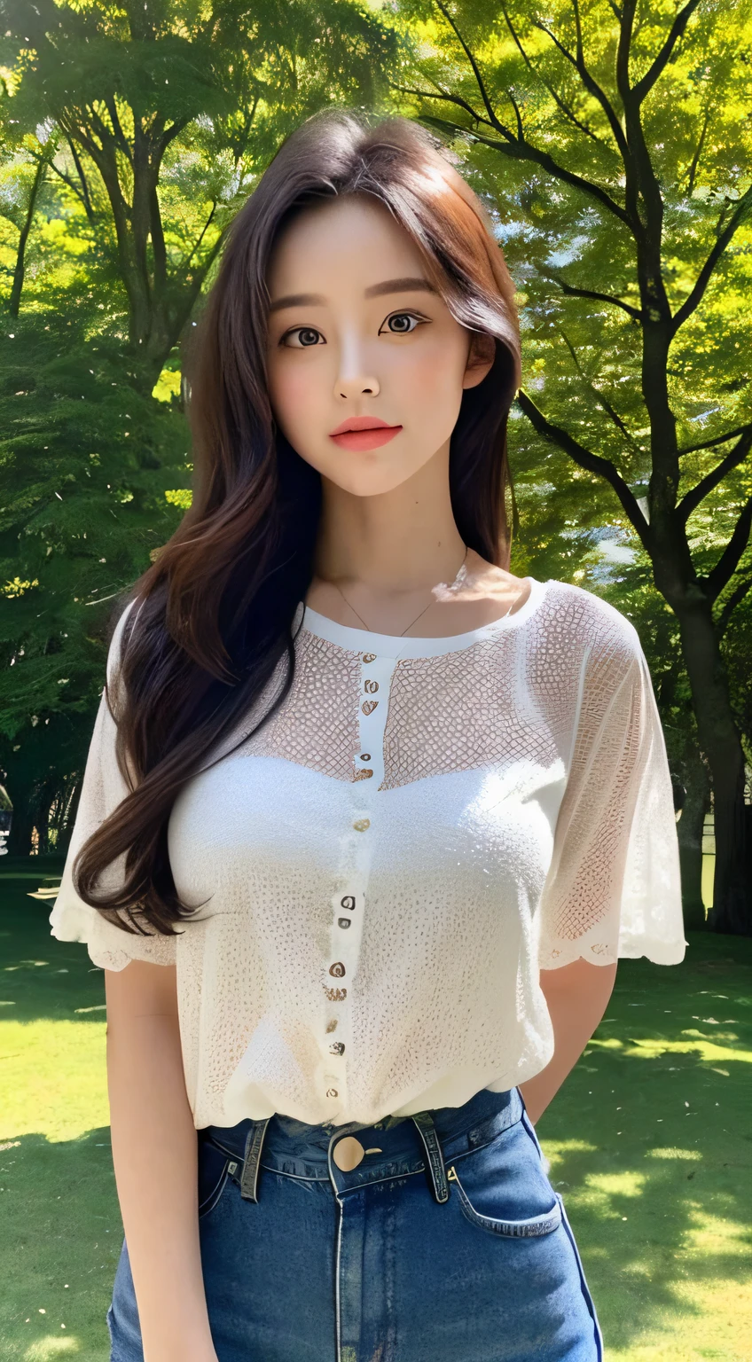 tmasterpiece，Best quality at best，8K，超高分辨率，(beautidful eyes:1.5)，(Panoramic view，full bodyesbian:1.5)，（Casual hairstyle, No leakage of big breasts:1.2），In A quiet park，Sunlight shines on the lake through the dense foliage，Creates mottled shadows。A beautiful 32-year-old goddess standing by the trees in the park，She wore a soft white blouse that grew like jeans。