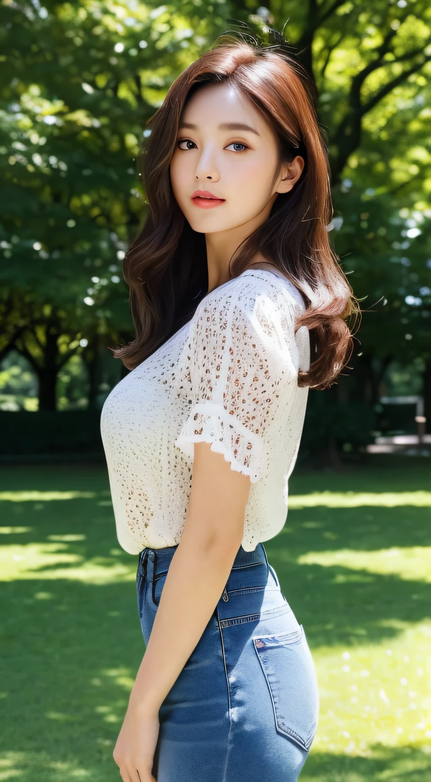 tmasterpiece,Best quality at best,8K,超高分辨率,(beautidful eyes:1.5),(Panoramic view,full bodyesbian:1.5),(Casual hairstyle, No leakage of big breasts:1.2),In A quiet park,Sunlight shines on the lake through the dense foliage,Creates mottled shadows。A beautiful 32-year-old goddess standing by the trees in the park,She wore a soft white blouse that grew like jeans。