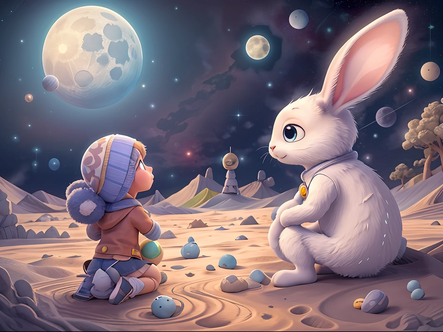 Tomo, with wide eyes filled with wonder, encounters a friendly space rabbit on the moon's surface. The artwork showcases Tomo kneeling down next to the rabbit, both of them surrounded by shimmering moon dust. The style of the artwork is adorable and whimsical, with a touch of fantasy. The mood of the artwork is joyful and curious as Tomo and the space rabbit exchange delighted gazes, forming an instant connection amidst the lunar landscape.