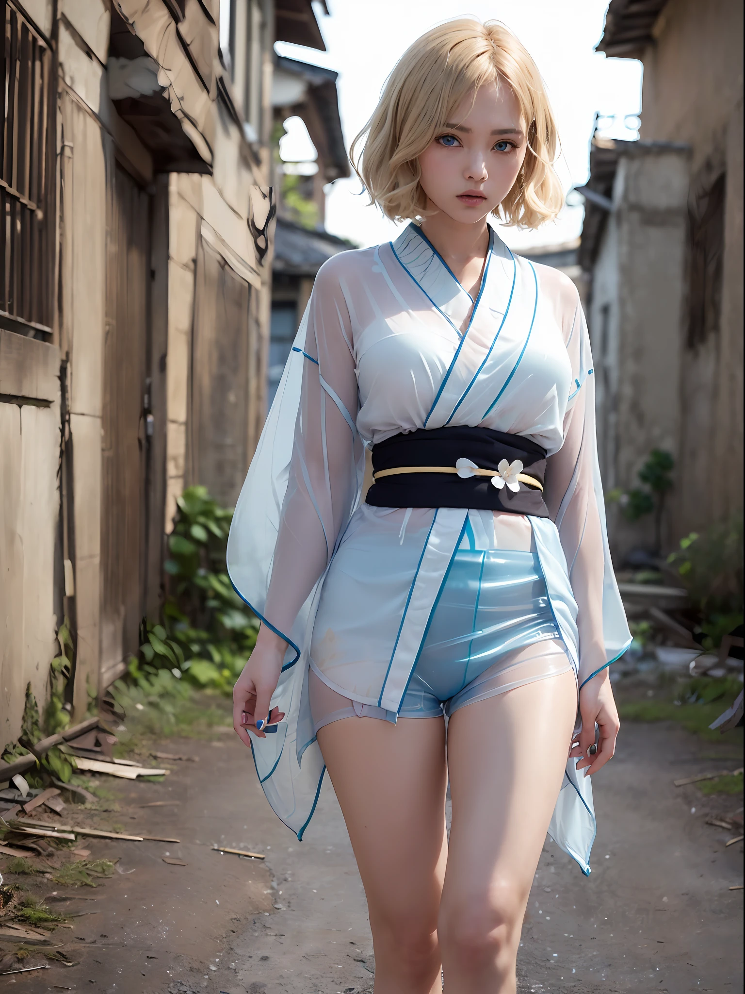 (((1人の女性、spotless、Transparent kimono、Fluttering kimono、bionde、short-hair、bobhair、side parted hair、blue eyess)))、(((blonde hair)))、 Dynamic poses、A sexy、erotick、Poses to seduce、In the ruins