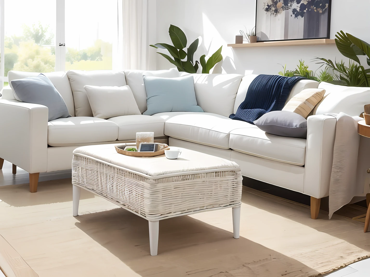 On the floor of the living room is a large white basket, designed for cozy aesthetics!, placed in a large living room, Clear detail, placed in a living room, product introduction photos, full product shot, linen, Two - tone, Product photo, dualtone, product image, detailed white, very sharp details, detailled image, beautiful with detail