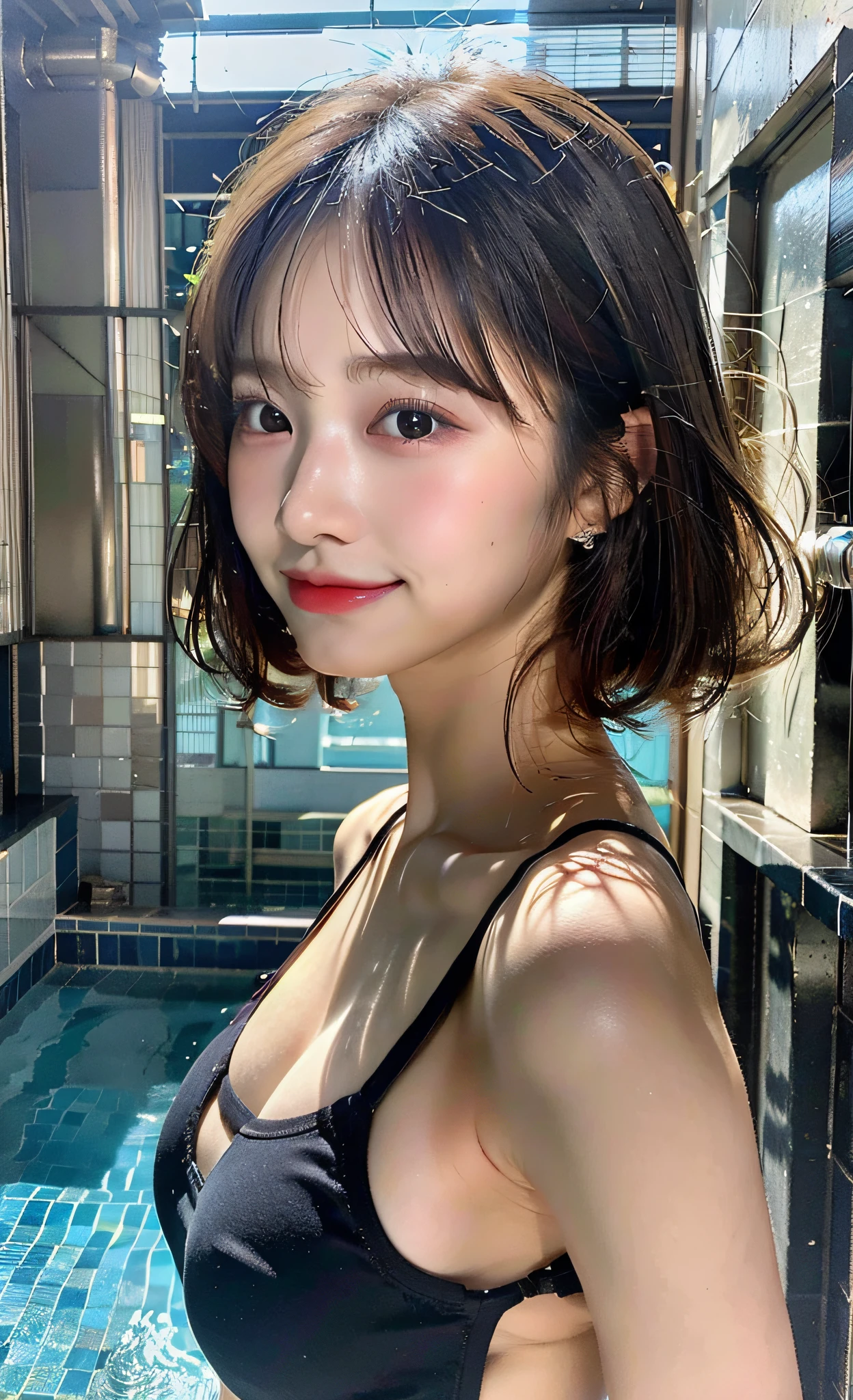 NIKON ,8K,超A high resolution ,(photographrealistic: 1.1) ,Detailed face ,1人の女性 ,bob cuts ,(tits out:1.1) ,a  ,Erotic face ,a closeup ,swim wears ,