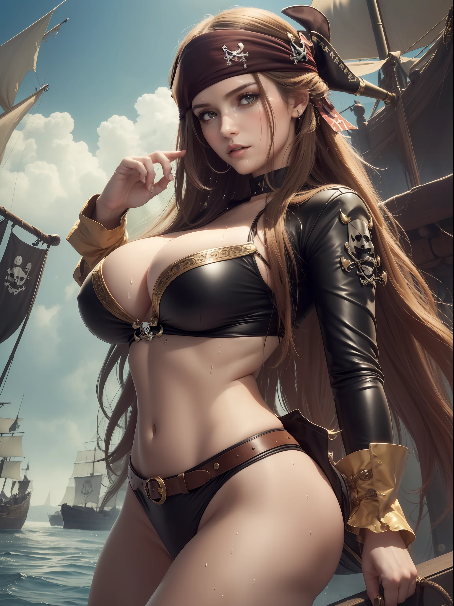 masuter piece, best qualtiy, (((realisitic, Photorealsitic:1.37))), ((Solo)), 8K image quality, Extremely delicate and beautiful, splendid, Official art with attention to detail, Ridiculous, Unbelievably ridiculous, huge filesize, ultra-detailliert, ighly detailed, (Pretty girl), (detailed girl), extremely detailed eye and face, Beautiful detailed eyes, Light makeup,, (Perfect female figure), large full breasts, Slim waist, big butts, (Nordic beauty), ((fullllbody)), With bangs, (On the pirate ship), (((Female Pirate))), Brown pirate suit, ((sodden)), ((full of sweat)),