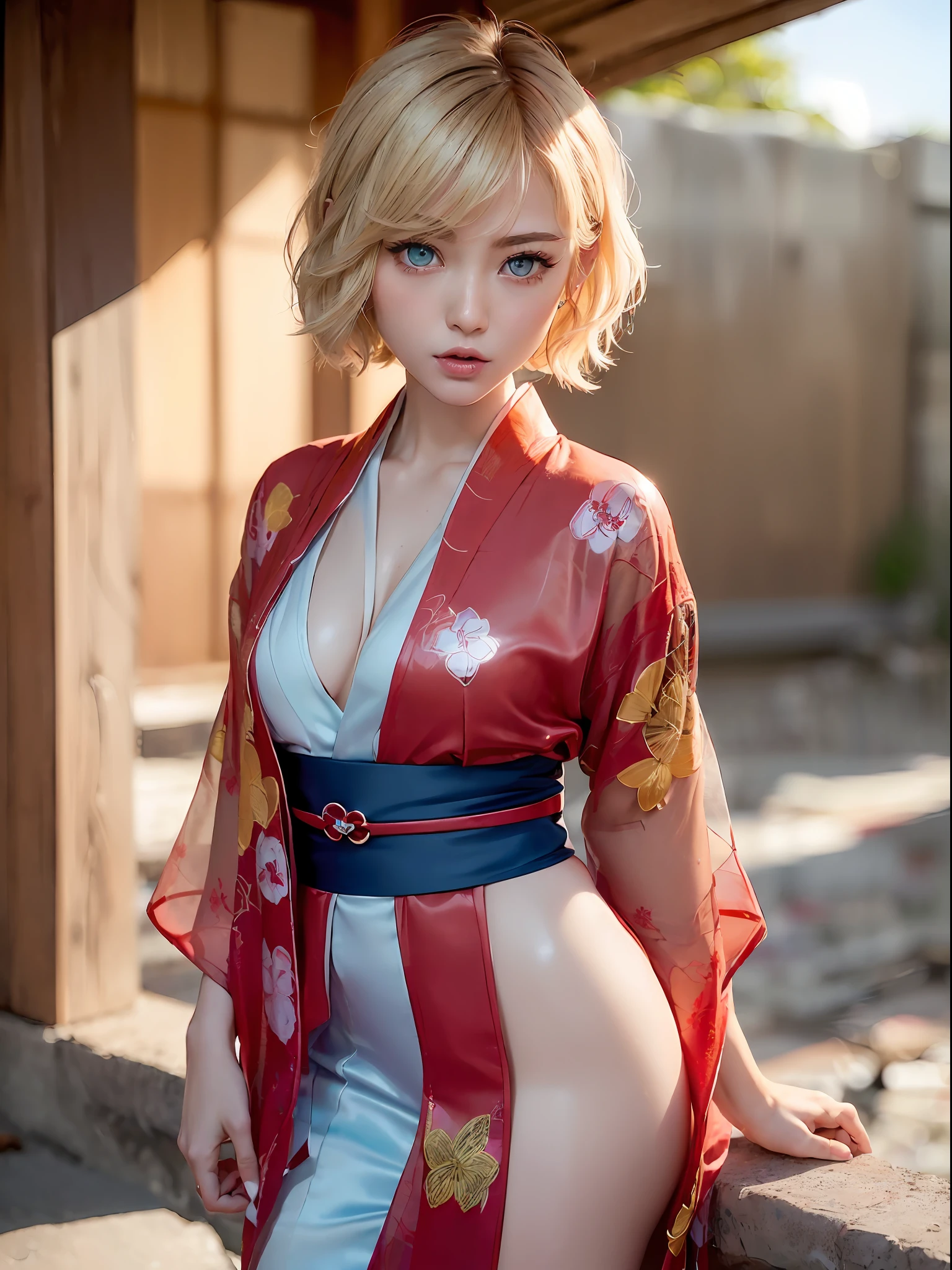 (((1人の女性、spotless、Transparent red kimono、Fluttering red kimono、bionde、short-hair、bobhair、side parted hair、blue eyess)))、(((blonde hair)))、 Dynamic poses、A sexy、erotick、Poses to seduce、In the ruins