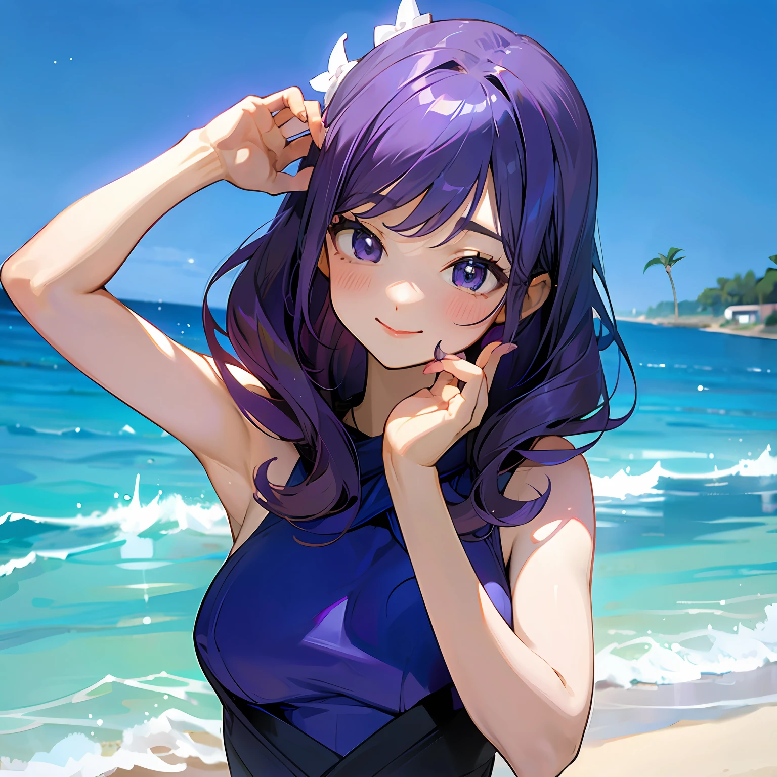 chiquita，Gorgeous Hair in Long Purple，Beautiful gesture in swimsuit。