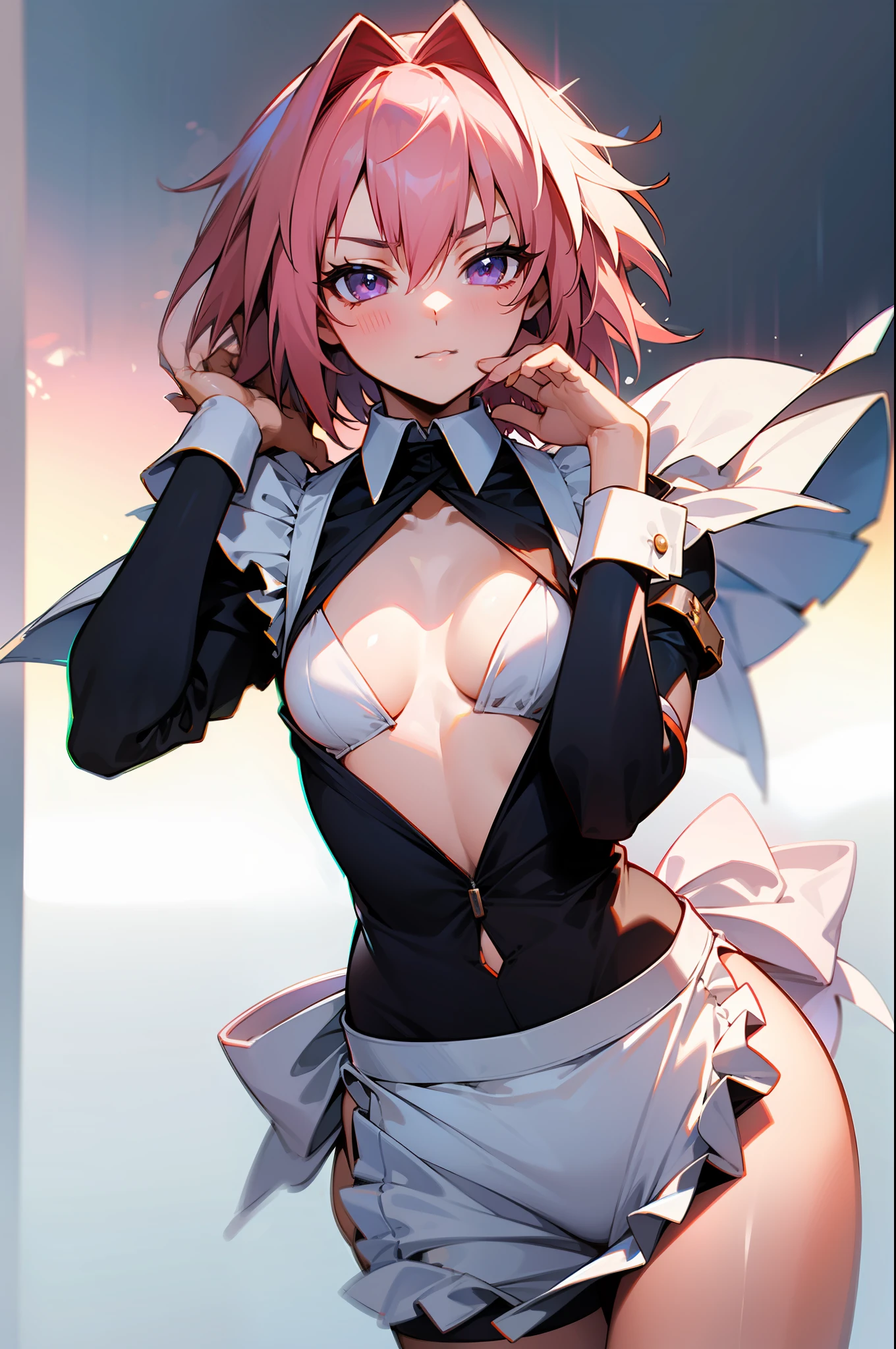 (masterpiece), (best quality), (ultra high res), perfect feminine face, astolfo, fate, flat chested, wearing maid outfit