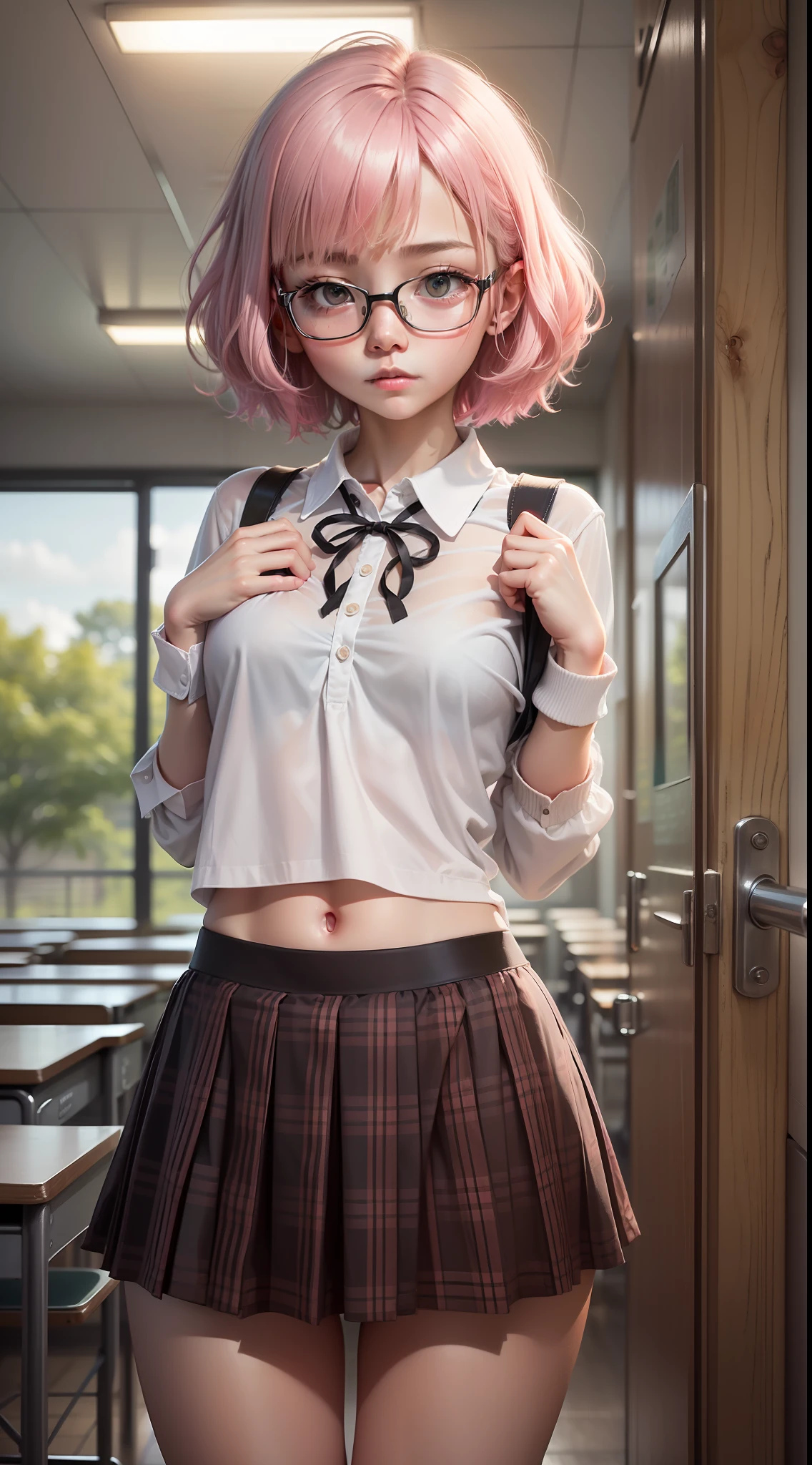 raw, masterpiece, ultra fine photos,, top-quality, 超A high resolution, girl with、A pink-haired、short-cut、White glasses、校服、(Pull up your skirt)、、Embarrassed face、Classroom、15age、Smaller chest、Small buttocks、(Bite panties)、(Sheer )