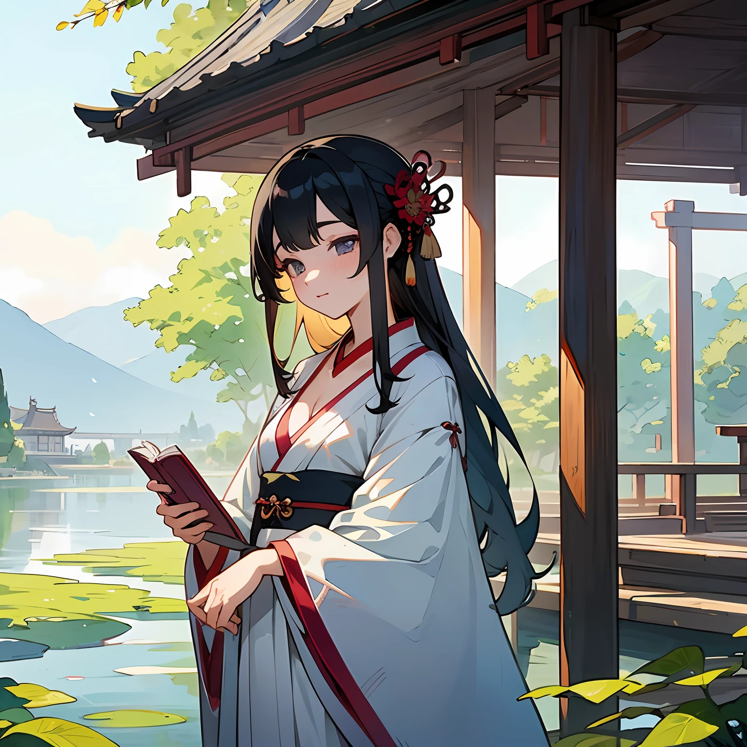 ink and watercolor painting,Kizi,(Trait 1.5),Gazebo background,closeup cleavage,lakes,Hanfu,Absolutely beautiful,The national color is fragrant,Knowledgeable,Reading a book --auto