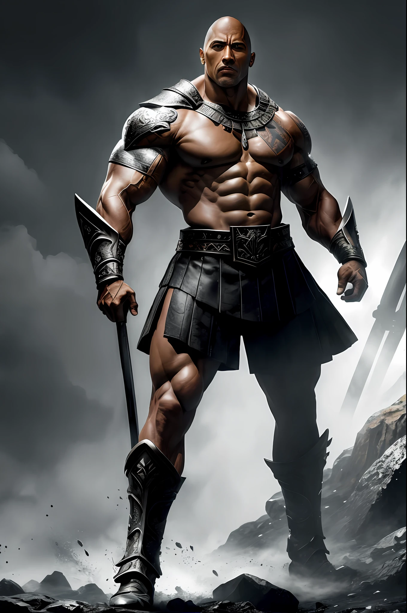 (16k, foto RAW, melhor qualidade, obra-prima: 1.2), ultra-detalhado, arte formal, foto realismo: 1.37, foto do corpo inteiro, (homem, beleza ,( Dwayne Johnson)film grain, SOLDADOde (SPARTA) ATTACK LEONIDAS pose ))detalhes ,(shield and spear), (Pointed Spear),detalhes nas roupas